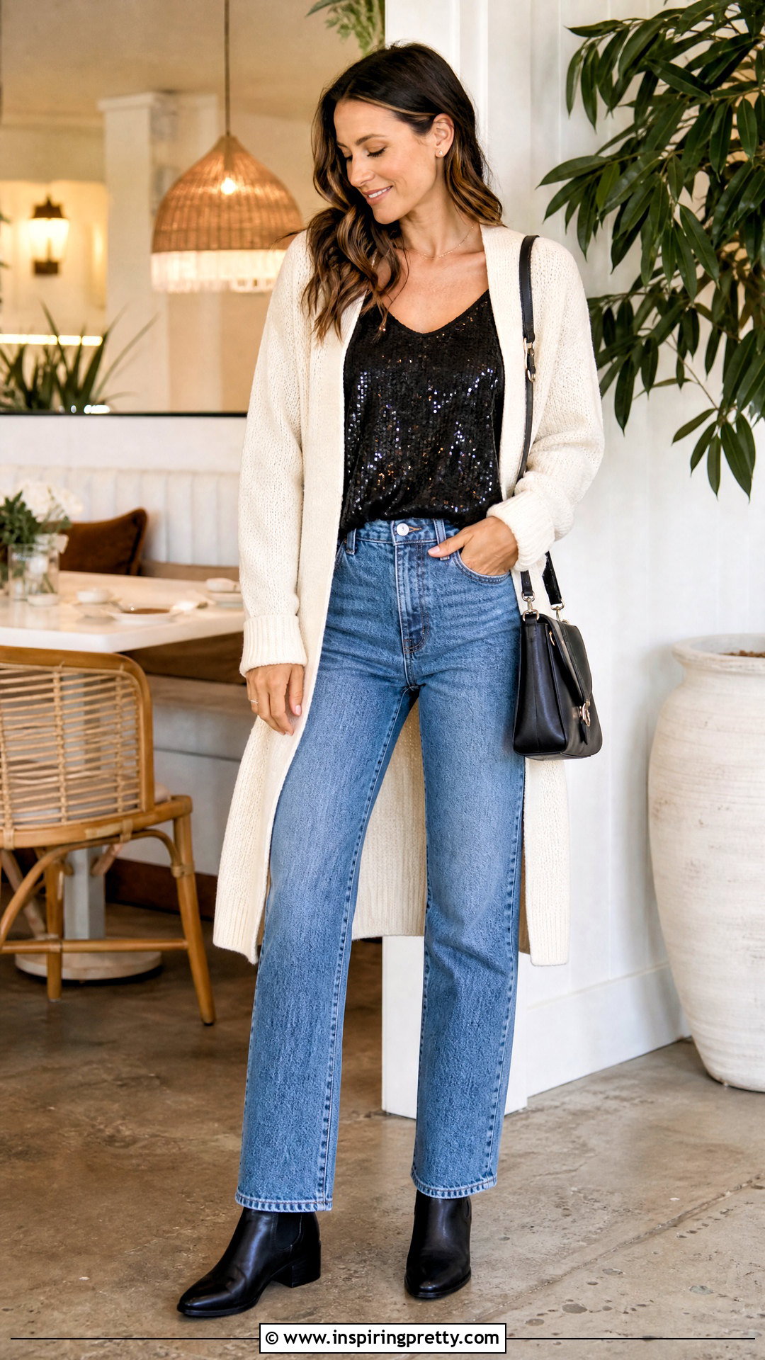 Black Sequin Top With Cardigan And Jeans - 50 black sequin top outfit ideas