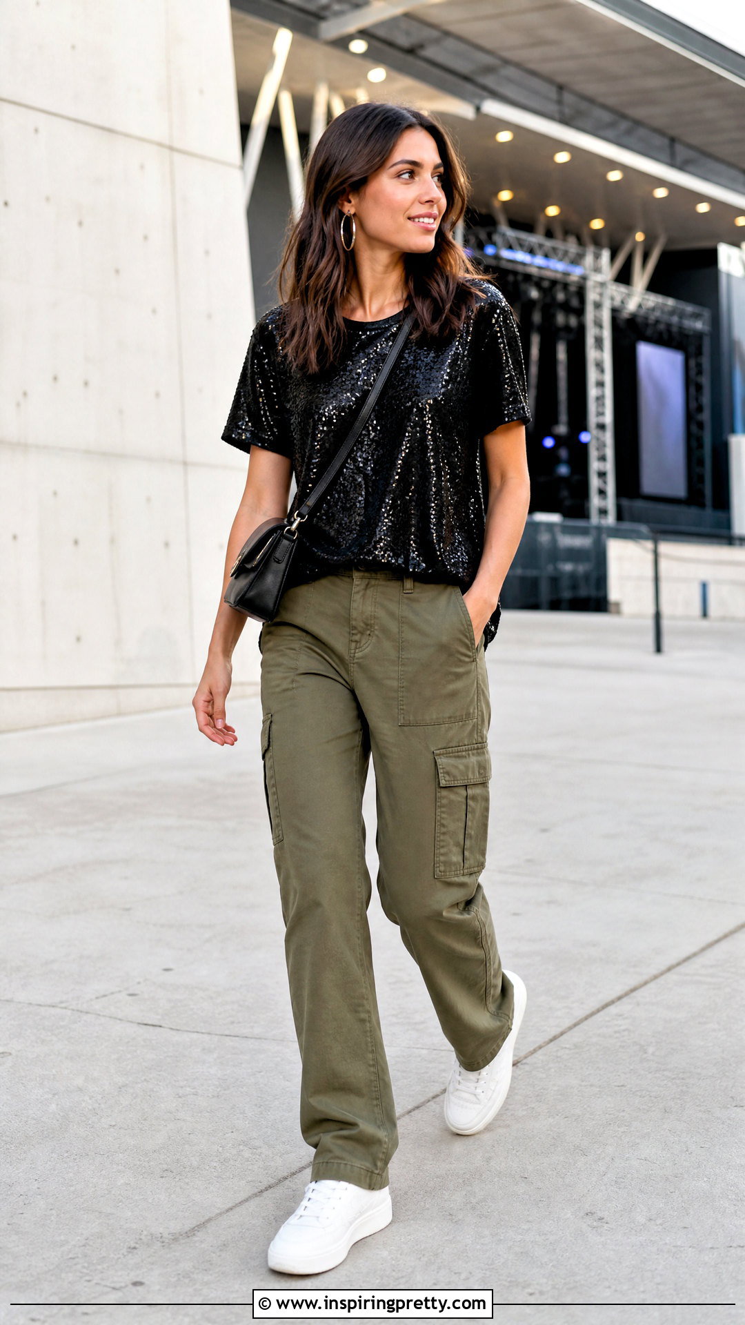 Black Sequin Top With Cargo Pants And Sneakers - 20 black sequin top style ideas