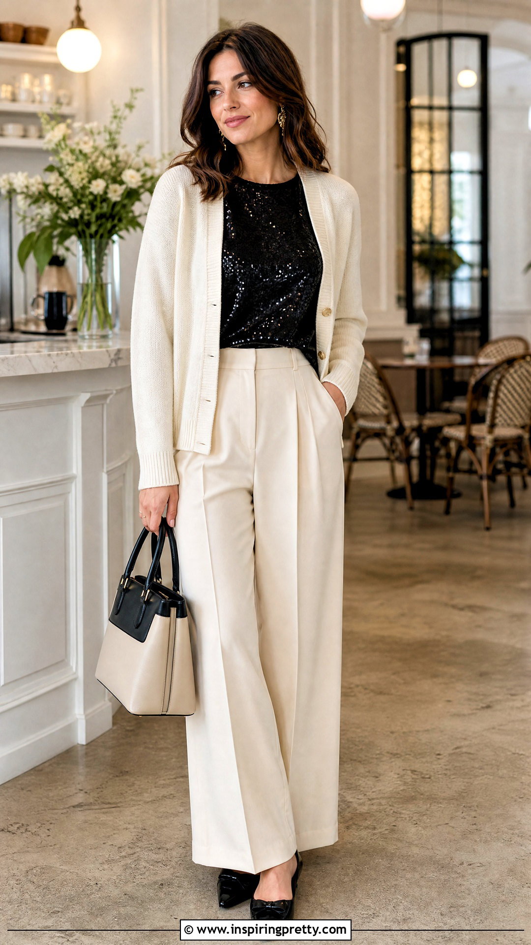 Black Sequin Top With Cream Trousers And Cardigan - 20 black sequin top style ideas