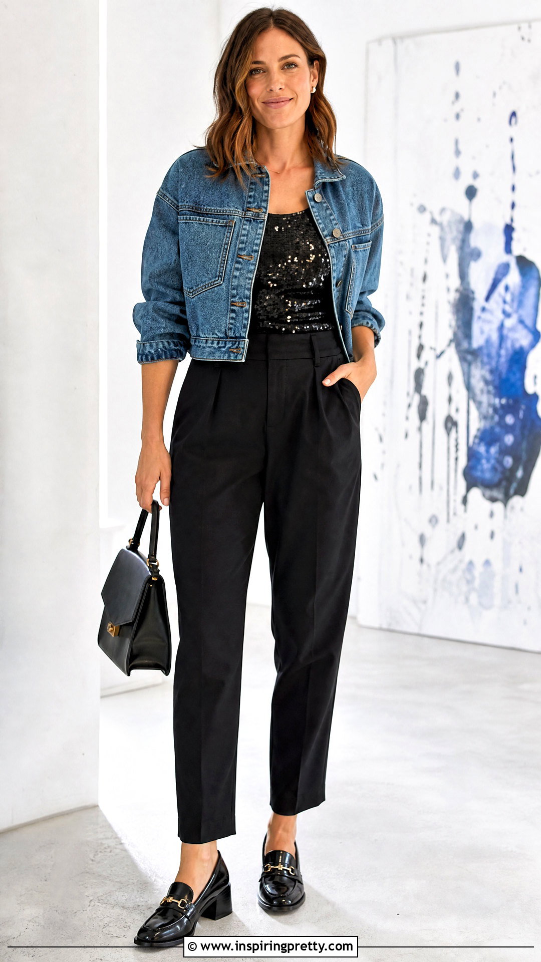 Black Sequin Top With Denim Jacket And Trousers - 50 black sequin top outfit ideas