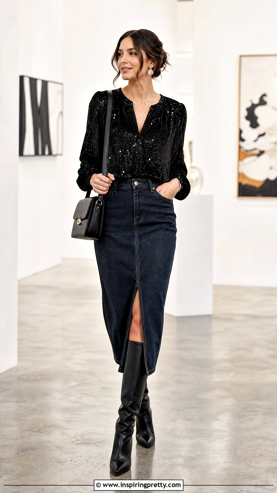 Black Sequin Top With Denim Midi Skirt - 50 black sequin top outfit ideas