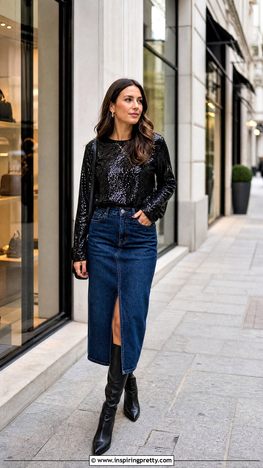 Black Sequin Top With Denim Midi Skirt - 20 black sequin top style ideas