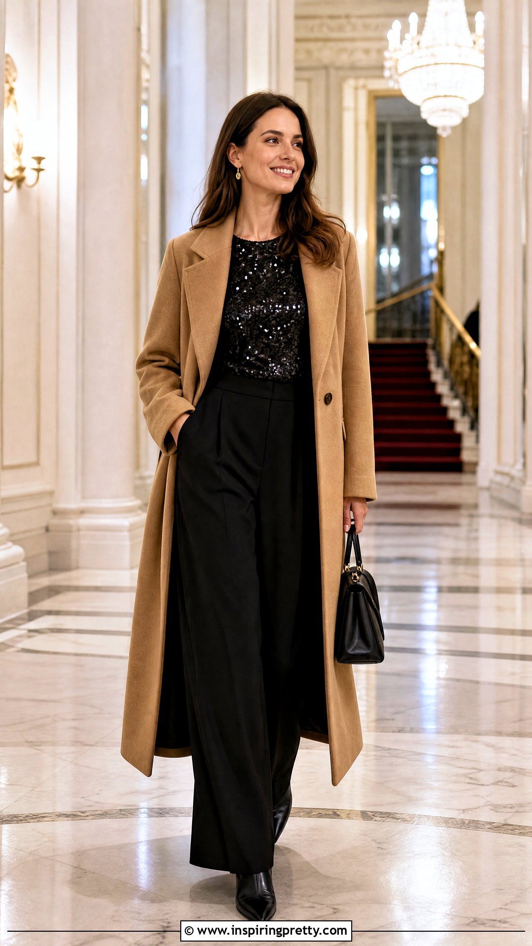 Black Sequin Top With Long Wool Coat And Trousers - 50 black sequin top outfit ideas