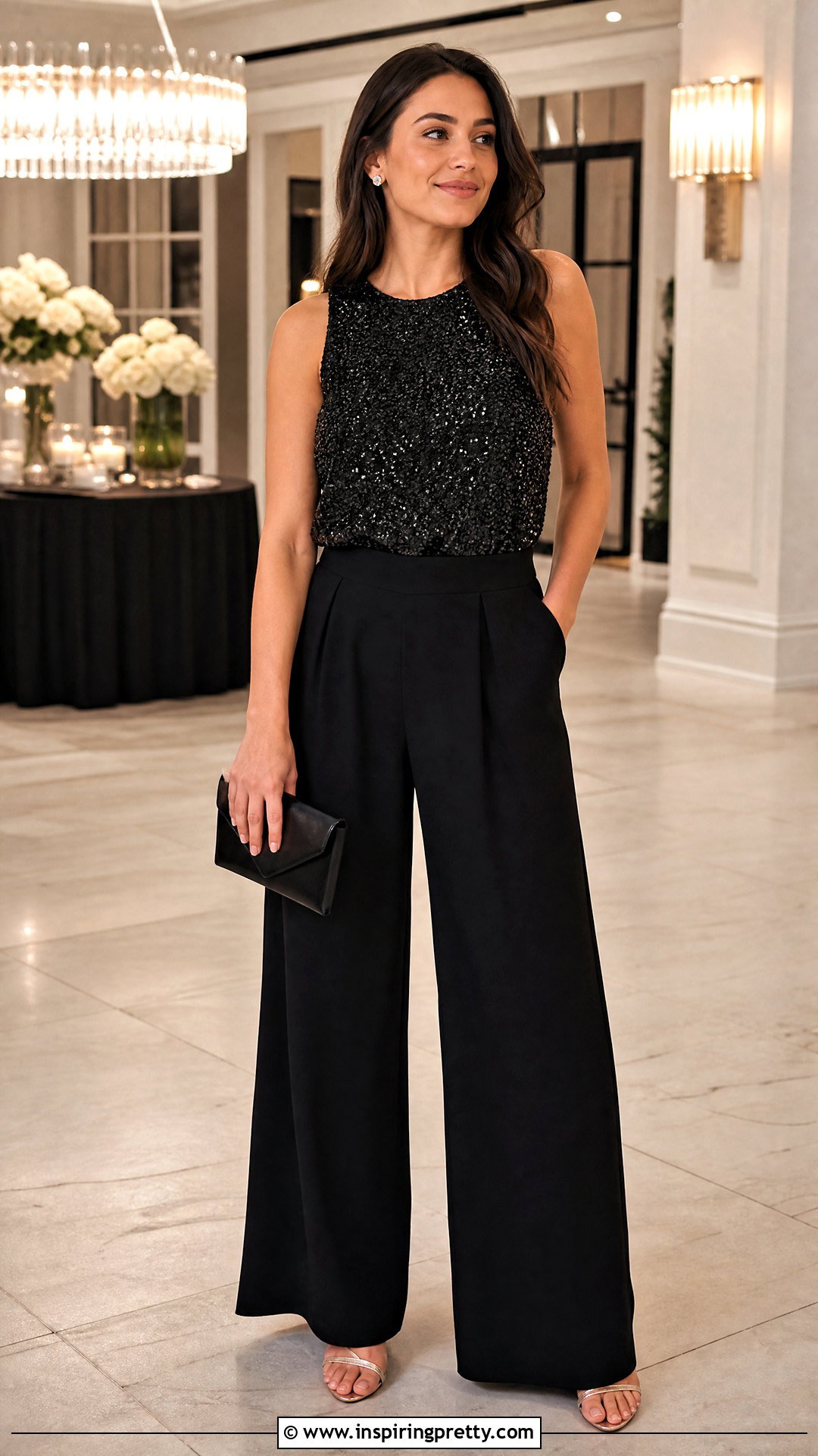 Black Sequin Top With Palazzo Pants - 25 Black Wedding Top outfit ideas