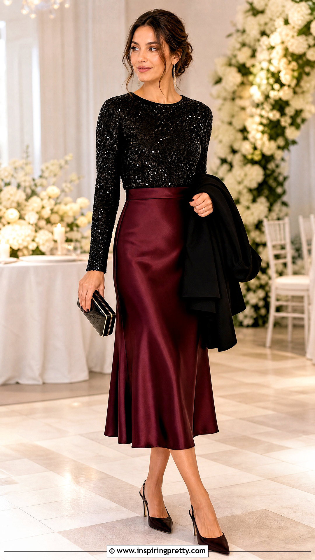 Black Sequin Top With Satin Midi Skirt - 50 black sequin top outfit ideas
