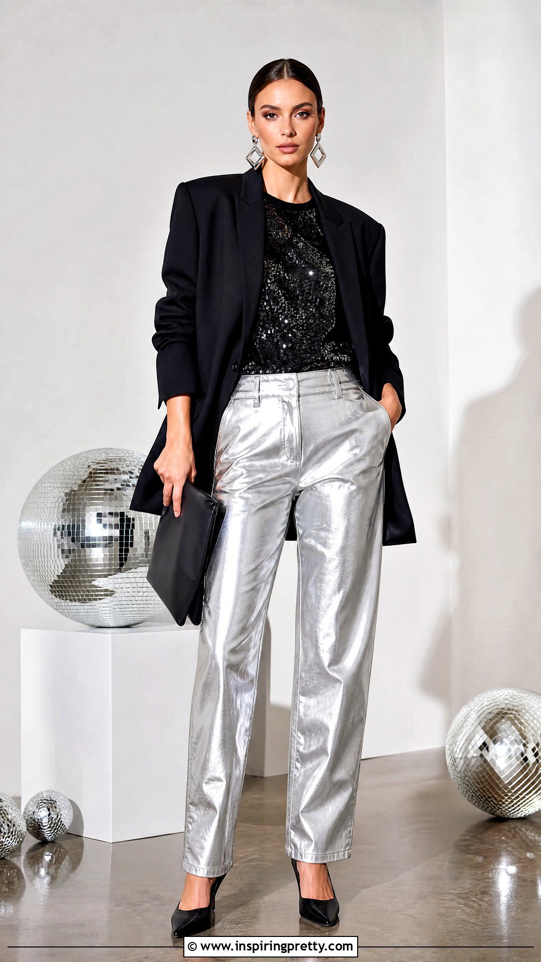 Black Sequin Top With Silver Metallic Pants - 50 black sequin top outfit ideas
