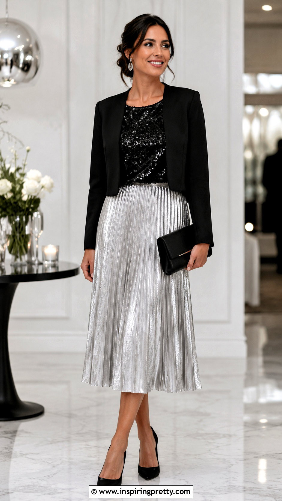 Black Sequin Top With Silver Midi Skirt - 50 sequin top outfit parties