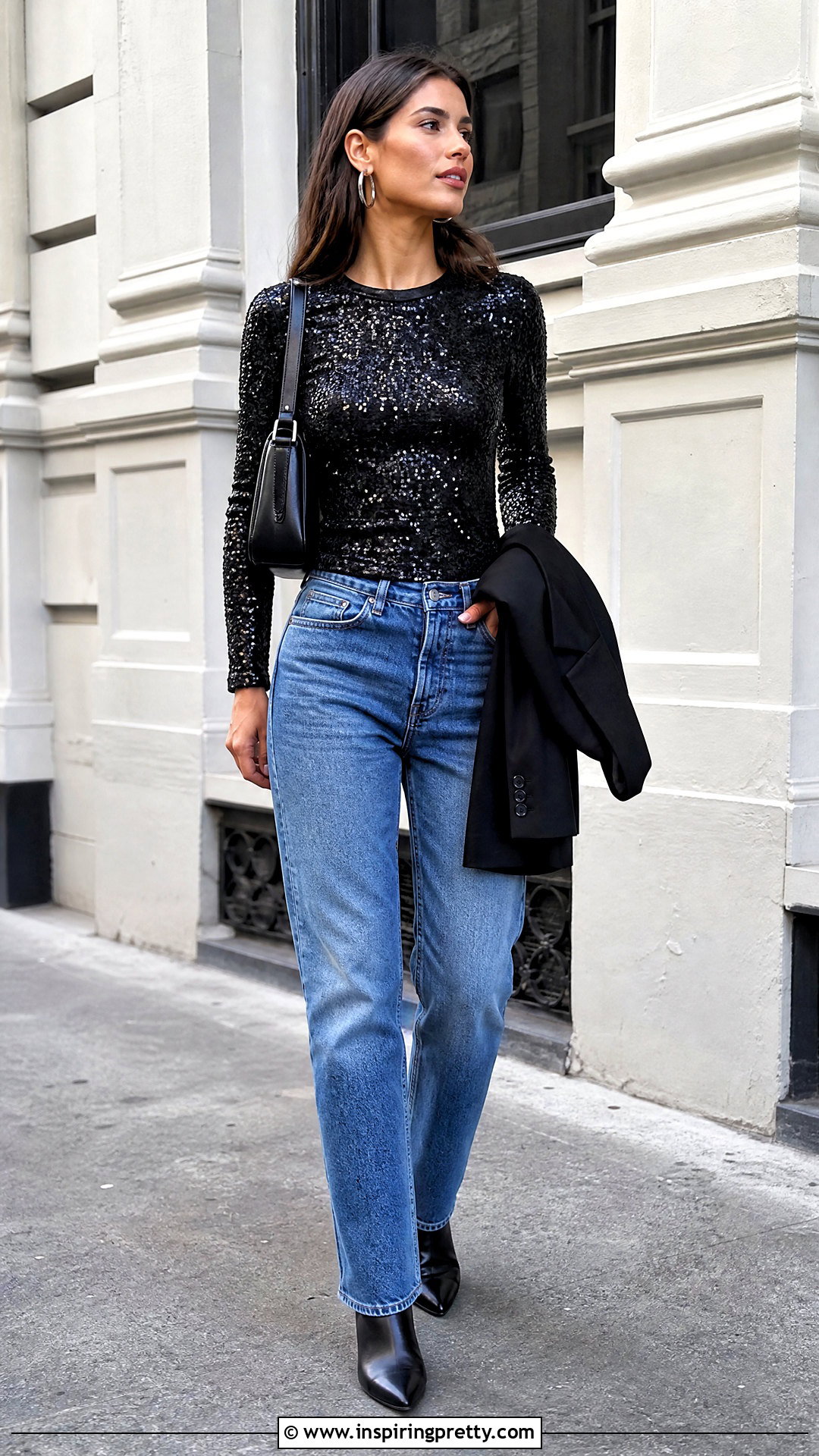Black Sequin Top With Straight Leg Jeans - 50 Sequin Top outfit ideas