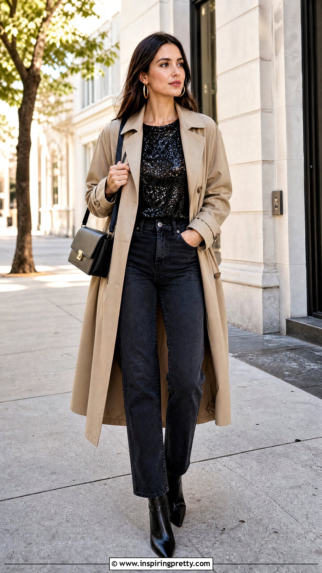 Black Sequin Top With Trench Coat And Jeans - 50 black sequin top outfit ideas