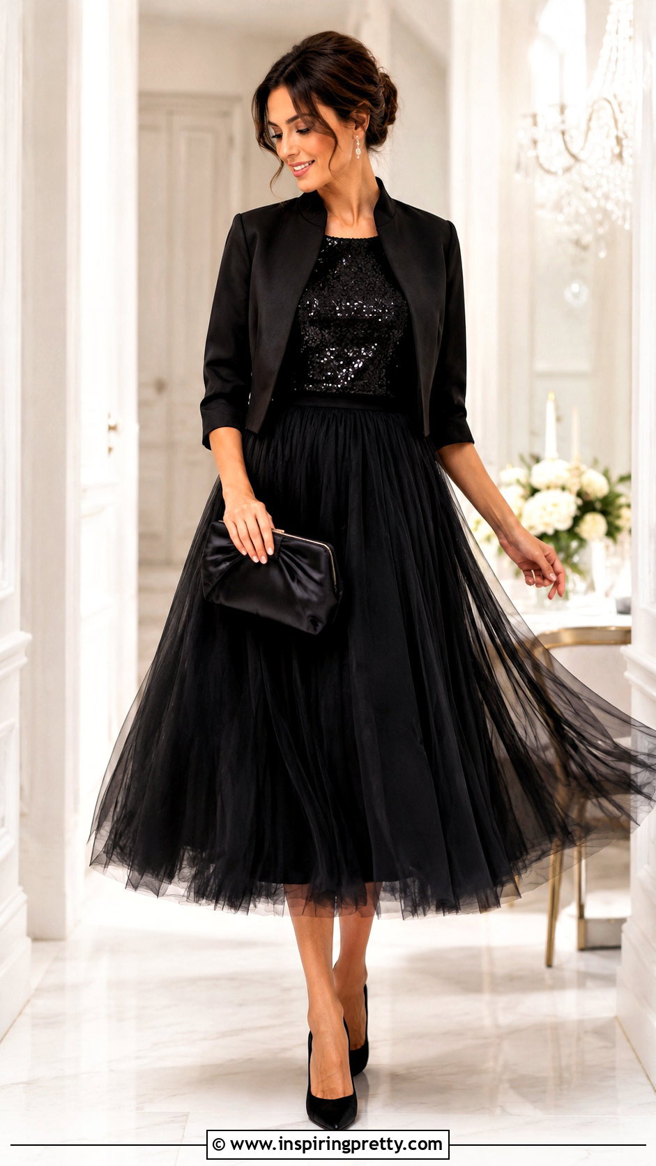 Black Sequin Top With Tulle Midi Skirt - 50 sequin top outfit parties