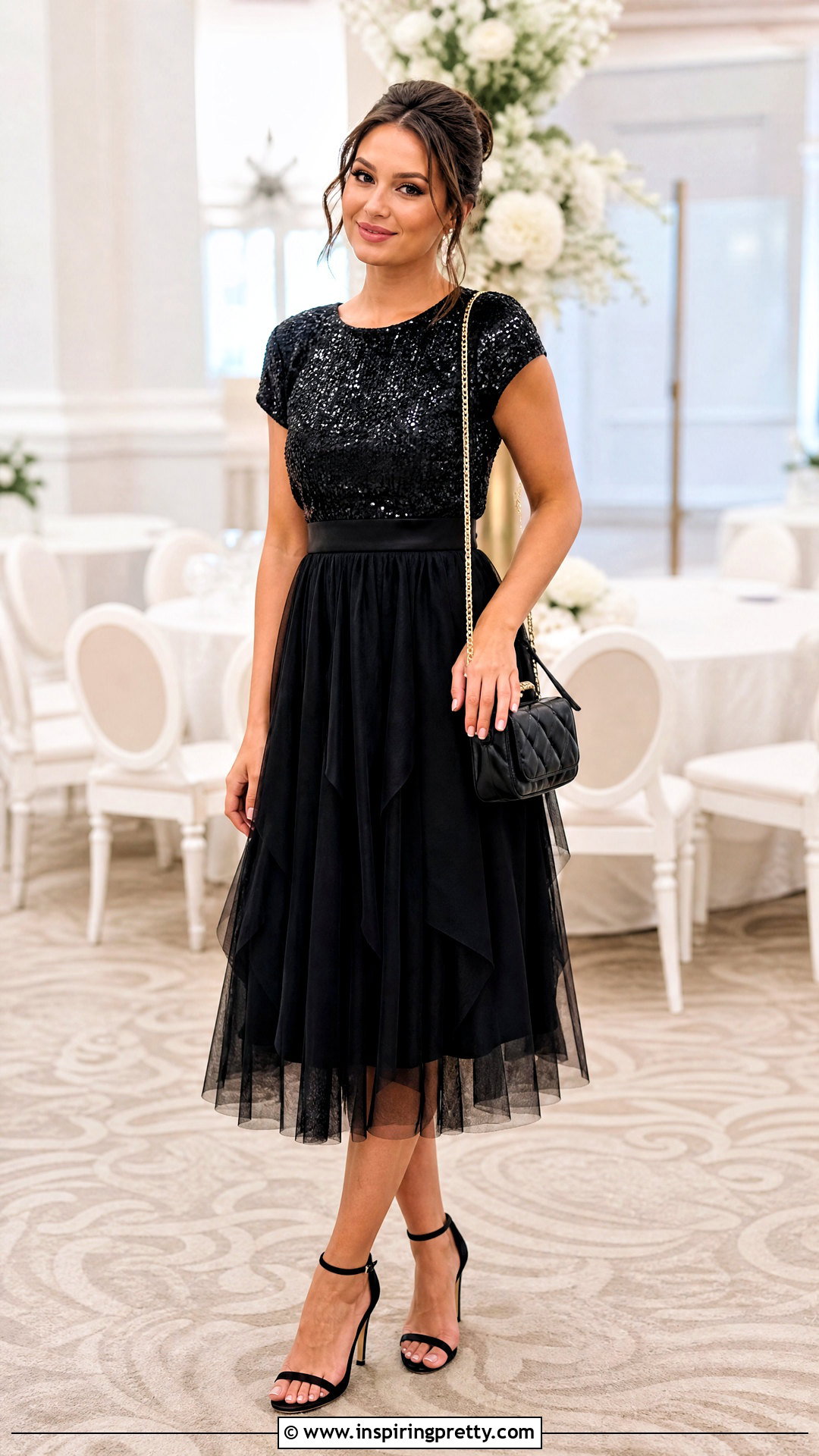 Black Sequin Top With Tulle Midi Skirt - 50 black sequin top outfit ideas