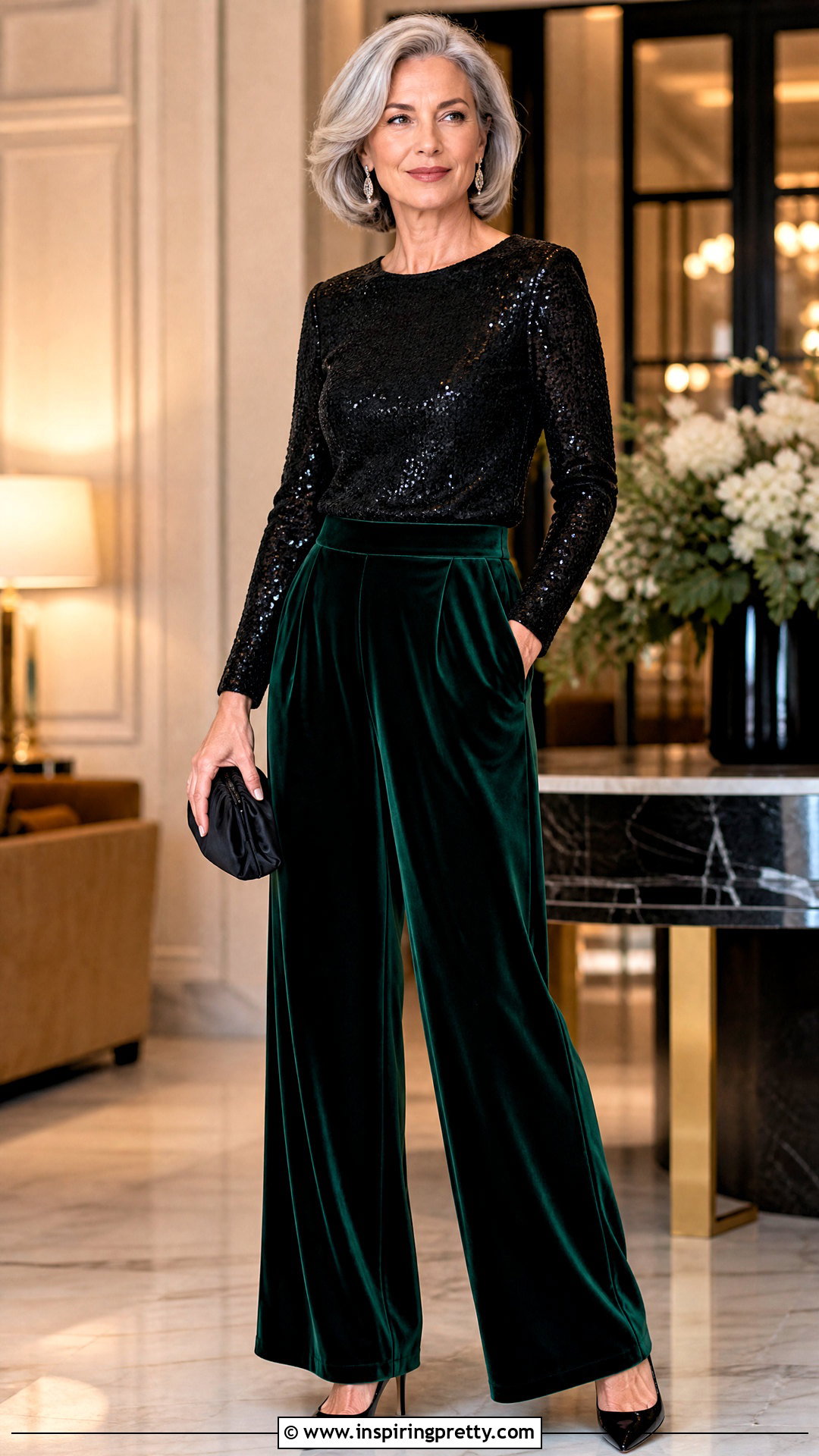 Black Sequin Top With Velvet Trousers - 50 black sequin top outfit ideas