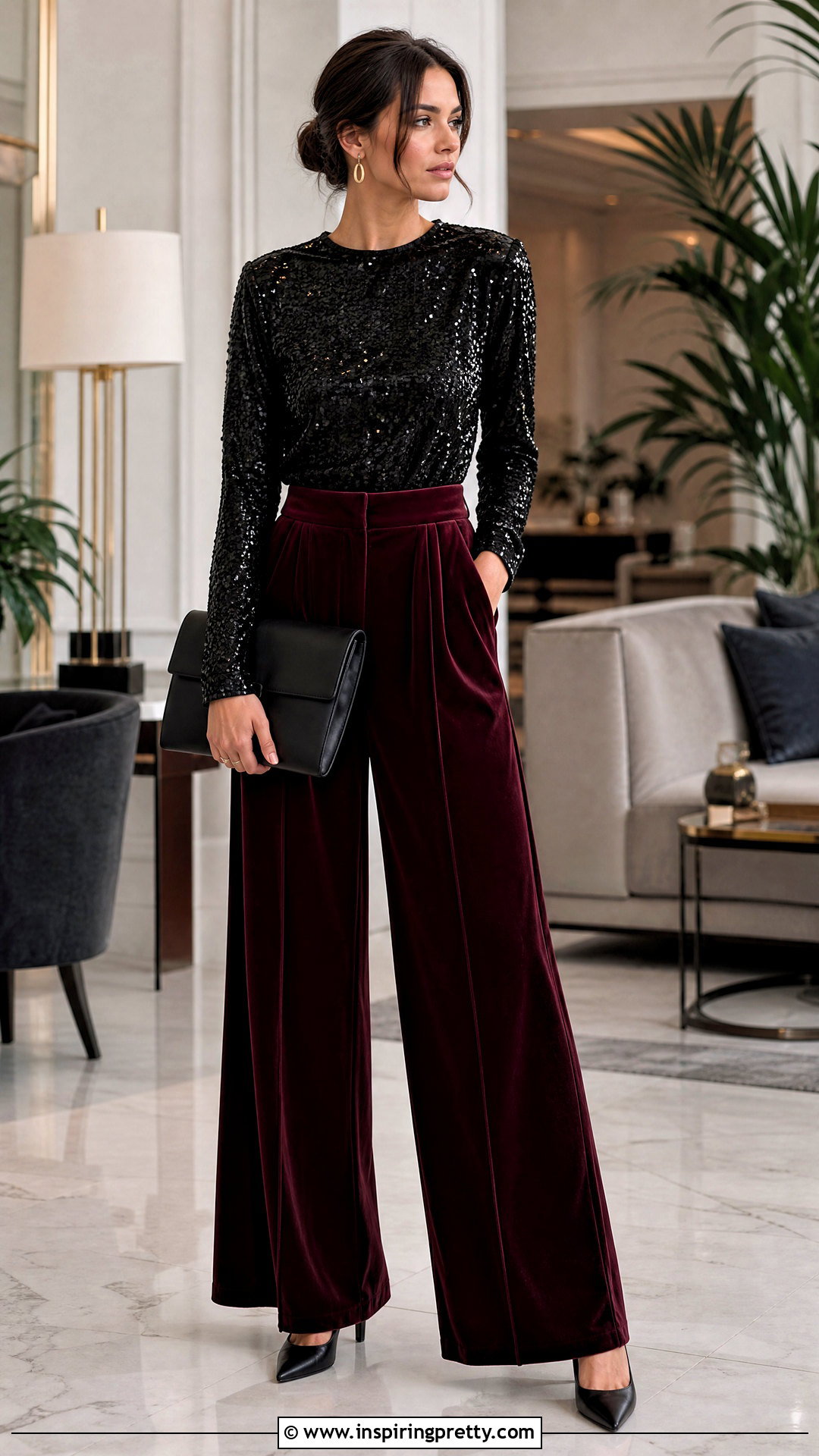 Black Sequin Top With Velvet Trousers - 20 black sequin top style ideas