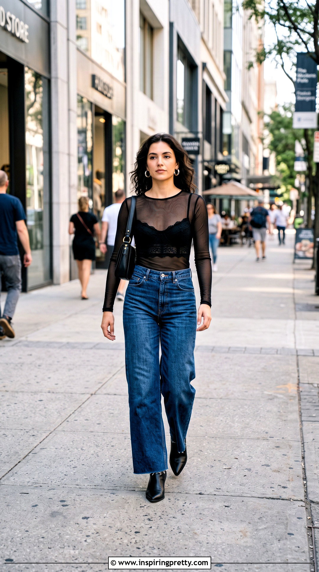 Black Sheer Bra Top With Wide Leg Jeans - 25 sheer bra top outfit ideas