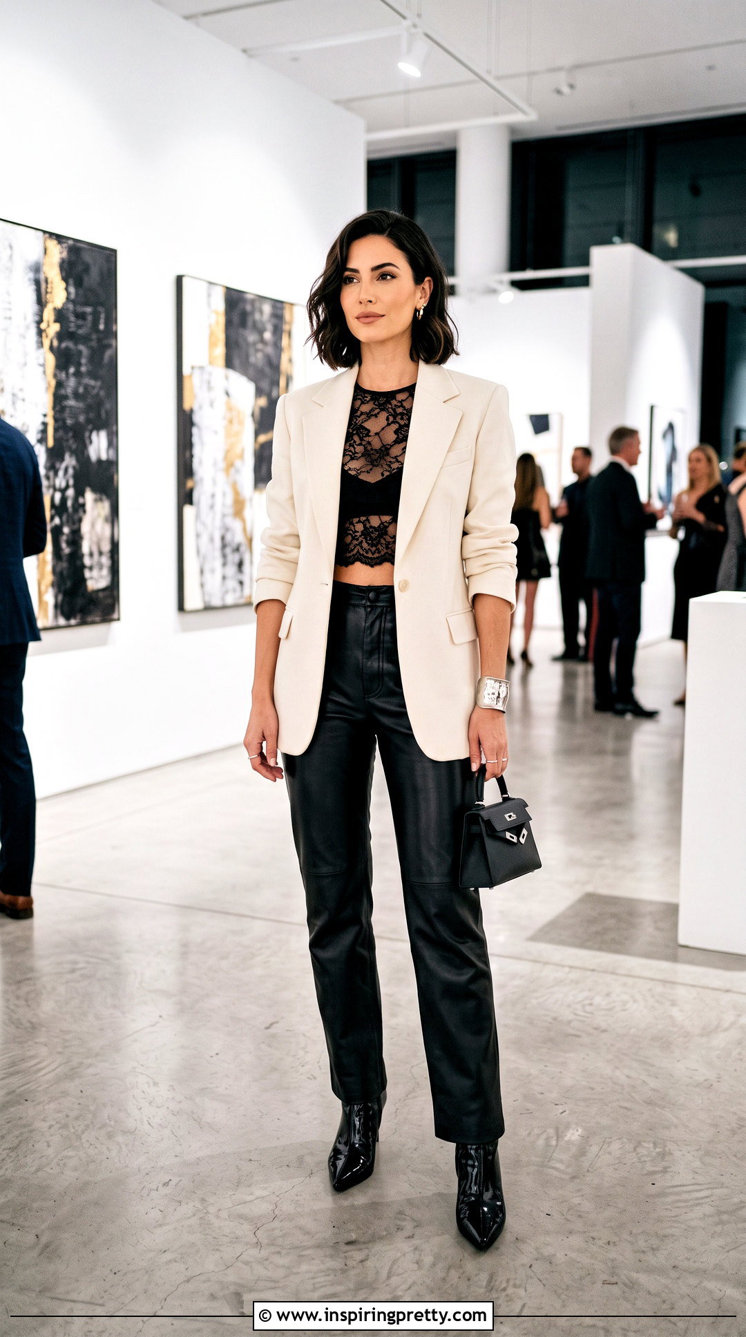 Black Sheer Lace Crop Top With Leather Pants - 25 sheer lace crop top outfit ideas