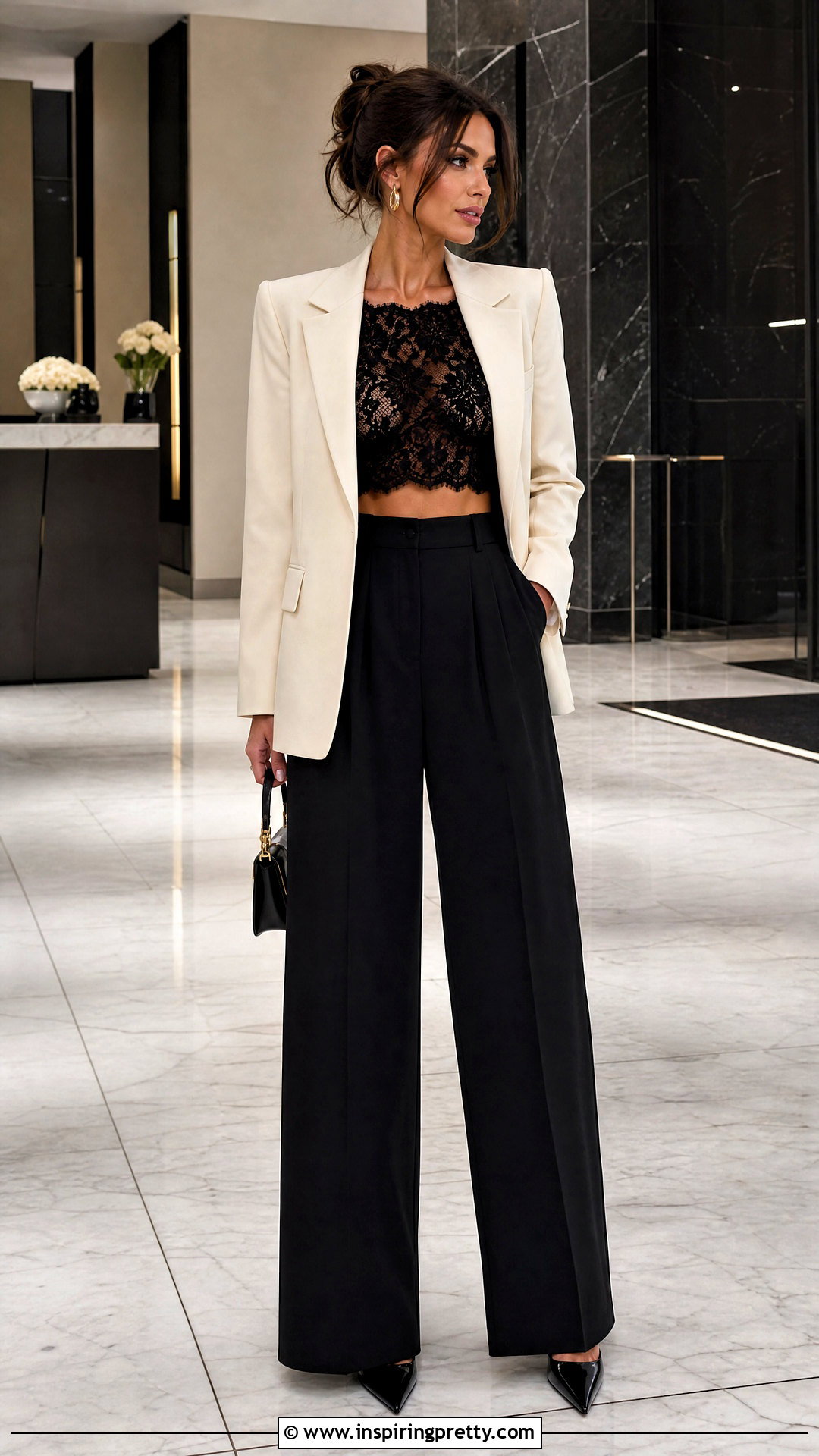 Black Sheer Lace Crop Top With Tailored Trousers - 25 sheer lace crop top outfit ideas