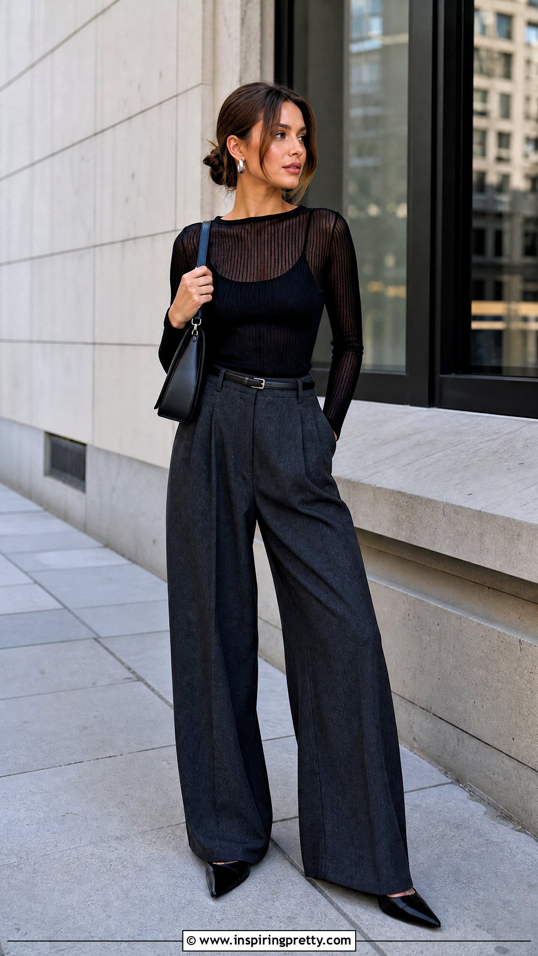 Black Sheer Ribbed Top With Wide Leg Trousers - 25 Sheer Ribbed Top Outfit ideas