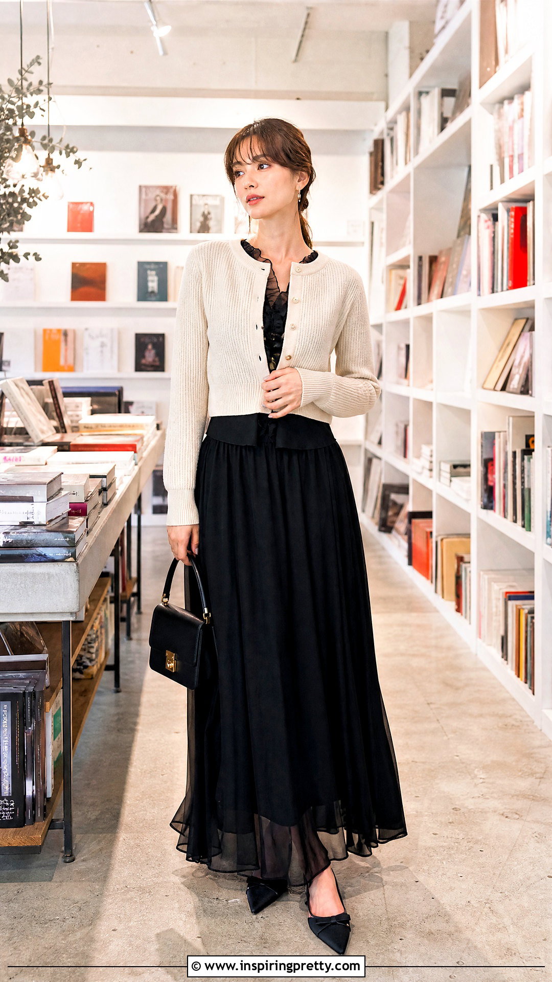 Black Sheer Ruffle Top With Cardigan And Maxi Skirt - 25 black sheer ruffle top outfit ideas