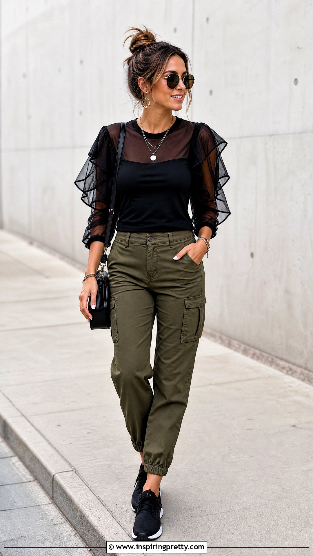 Black Sheer Ruffle Top With Cargo Pants - 25 black sheer ruffle top outfit ideas