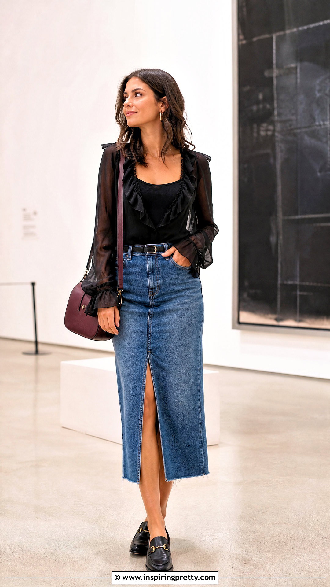Black Sheer Ruffle Top With Denim Midi Skirt - 25 black sheer ruffle top outfit ideas