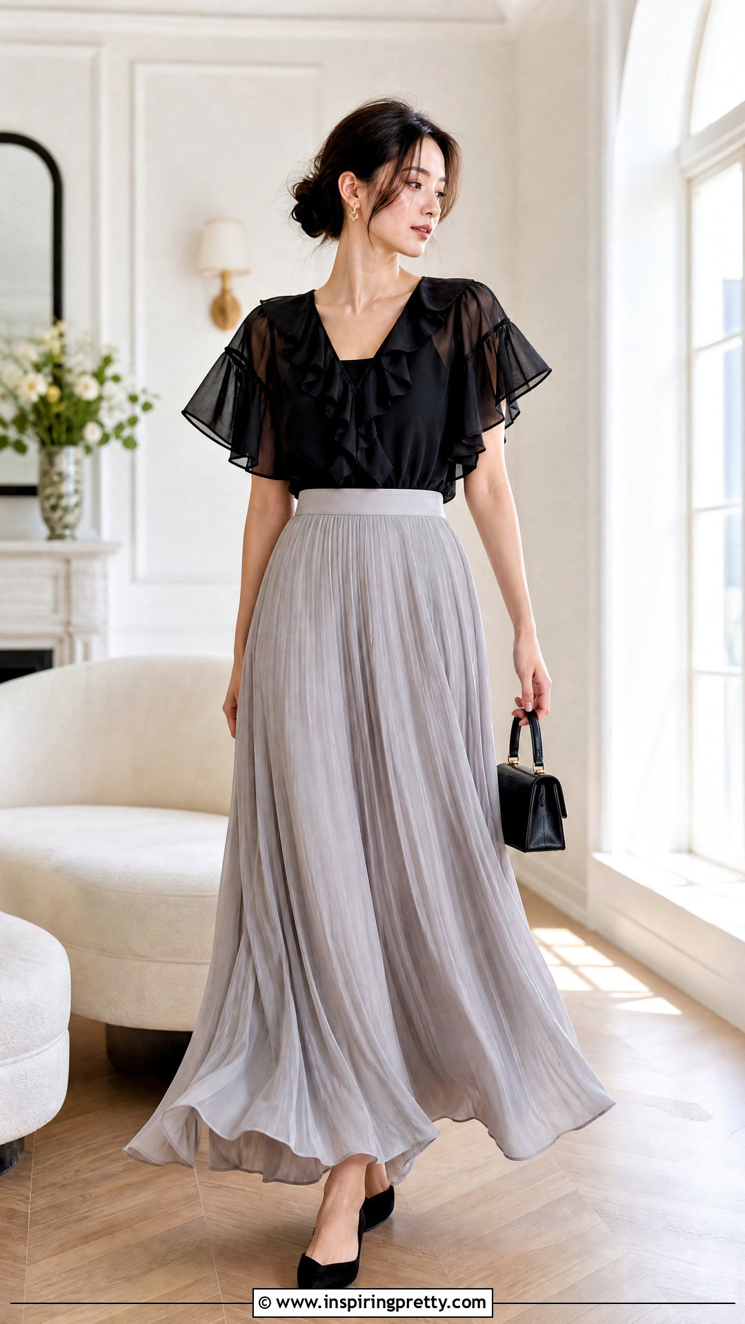 Black Sheer Ruffle Top With Pleated Maxi Skirt - 25 black sheer ruffle top outfit ideas