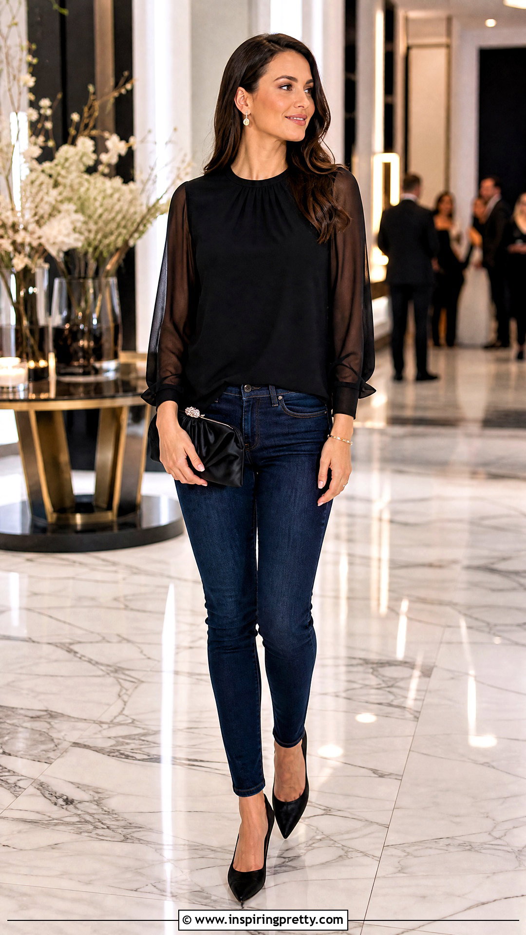 Black Sheer Sleeve Top With Dark Blue Jeans - 50 blue jeans black top outfit ideas
