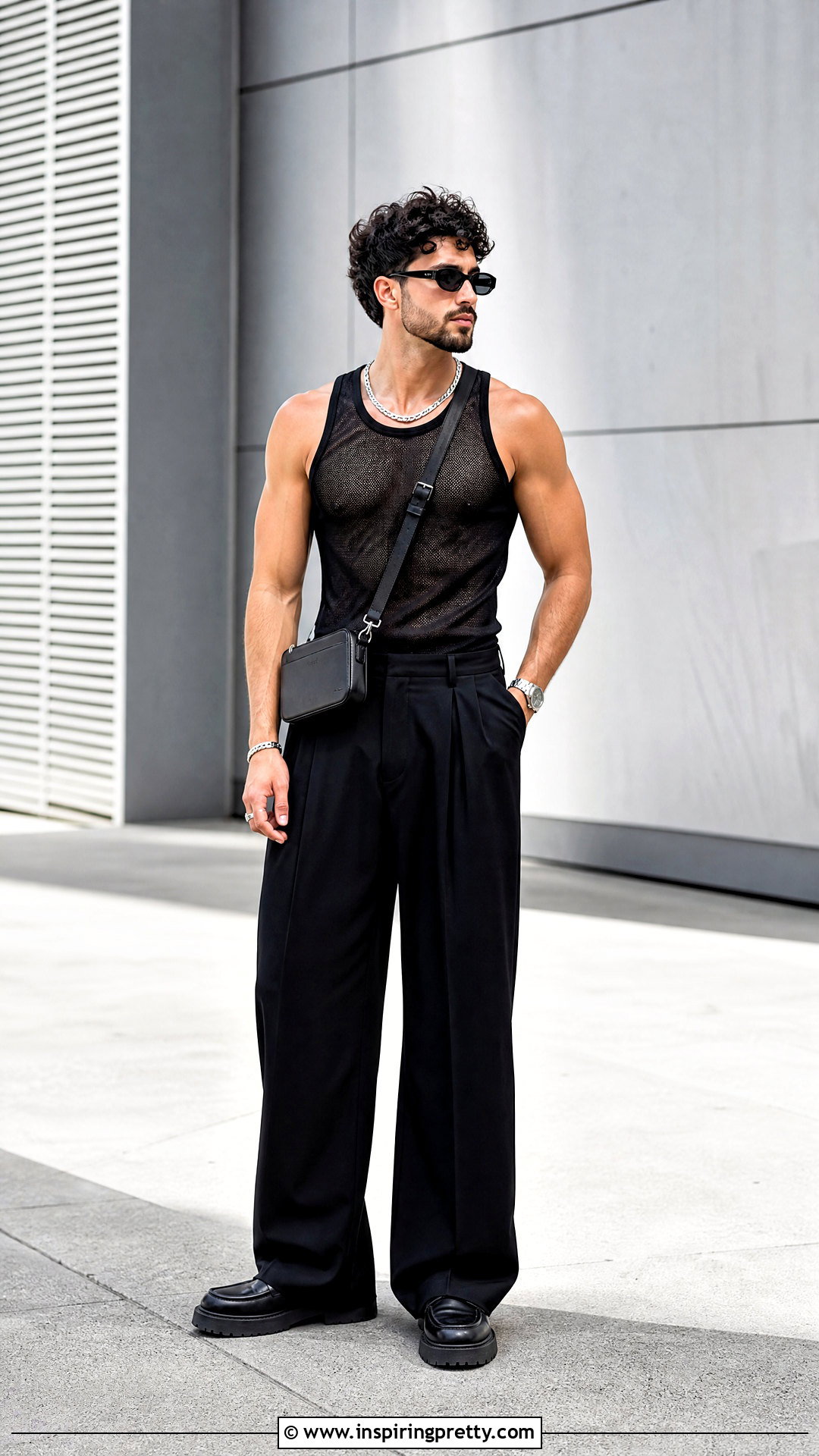 Black Sheer Tank Top With Wide Leg Trousers - 25 Sheer Tank Top Men outfit ideas