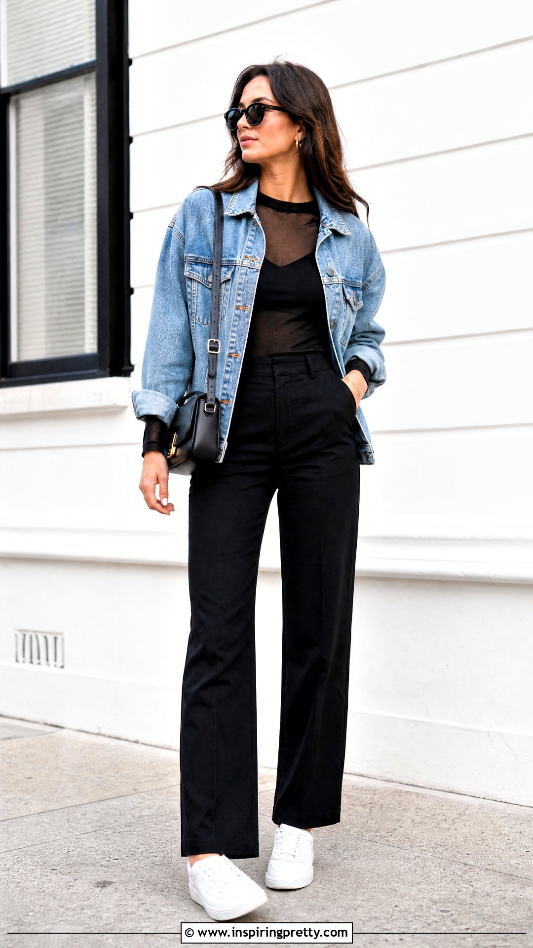 Black Sheer Top Under A Denim Jacket - 20 Casual Black Sheer Top outfit ideas