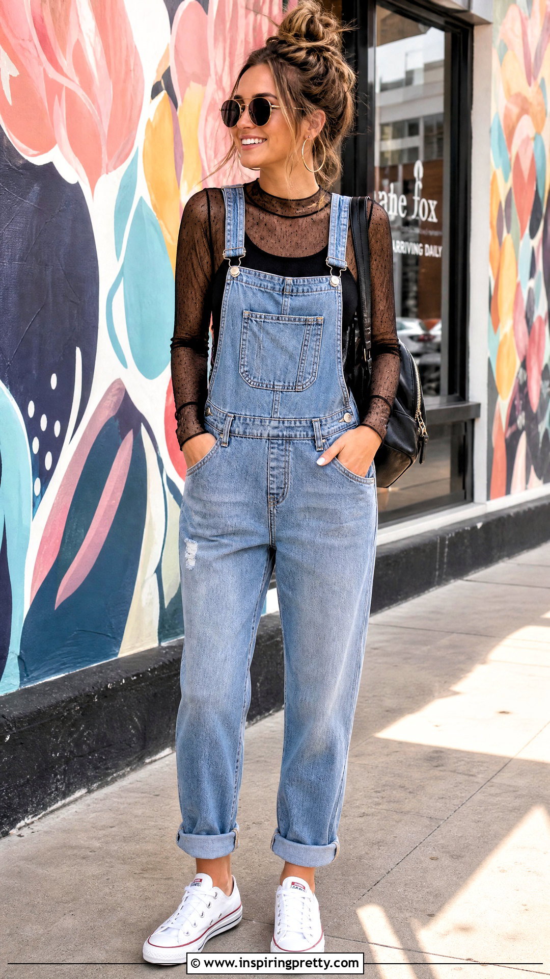 Black Sheer Top Under Denim Overalls - 20 Casual Black Sheer Top outfit ideas