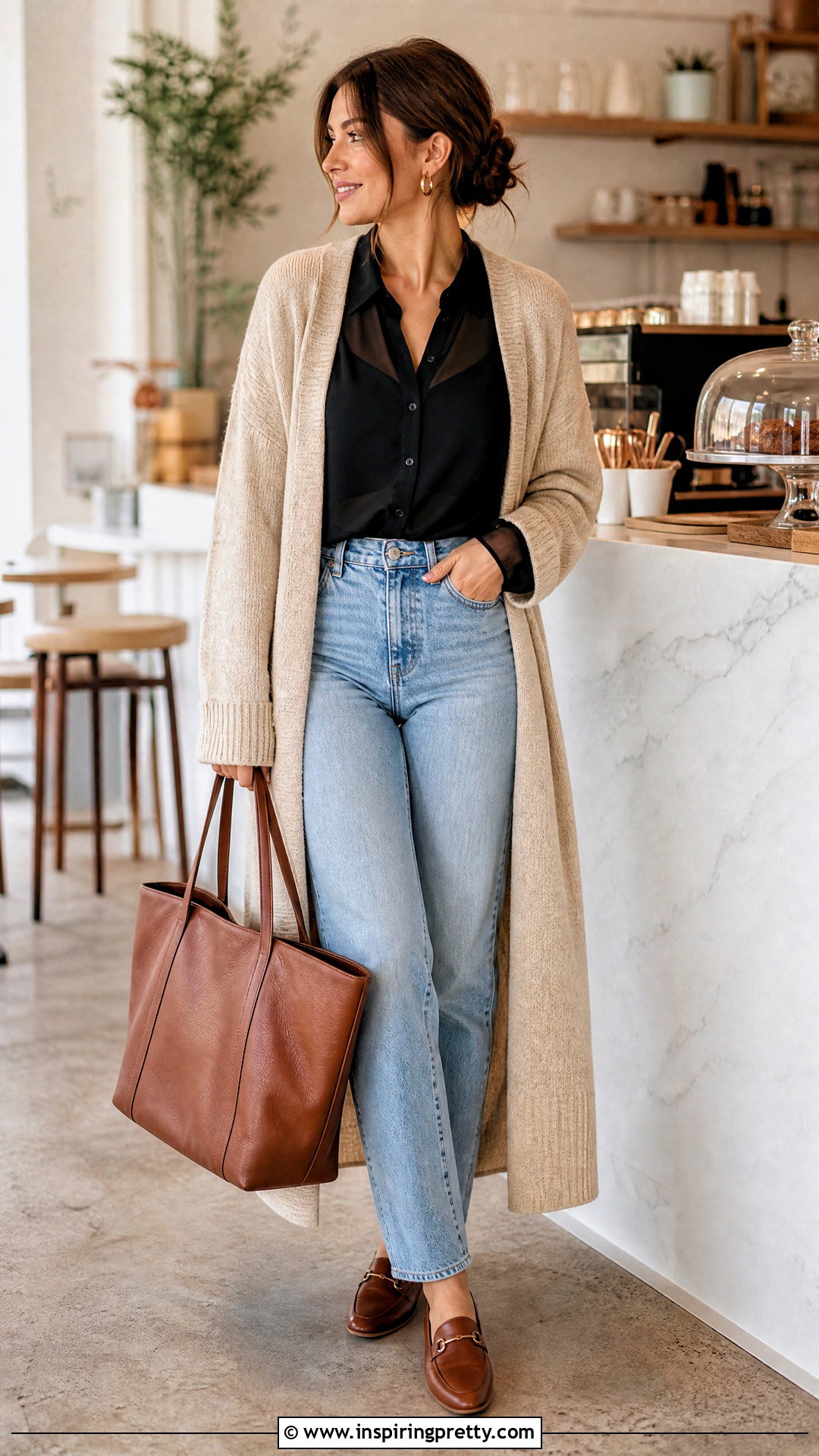 Black Sheer Top With A Long Cardigan - 20 Casual Black Sheer Top outfit ideas