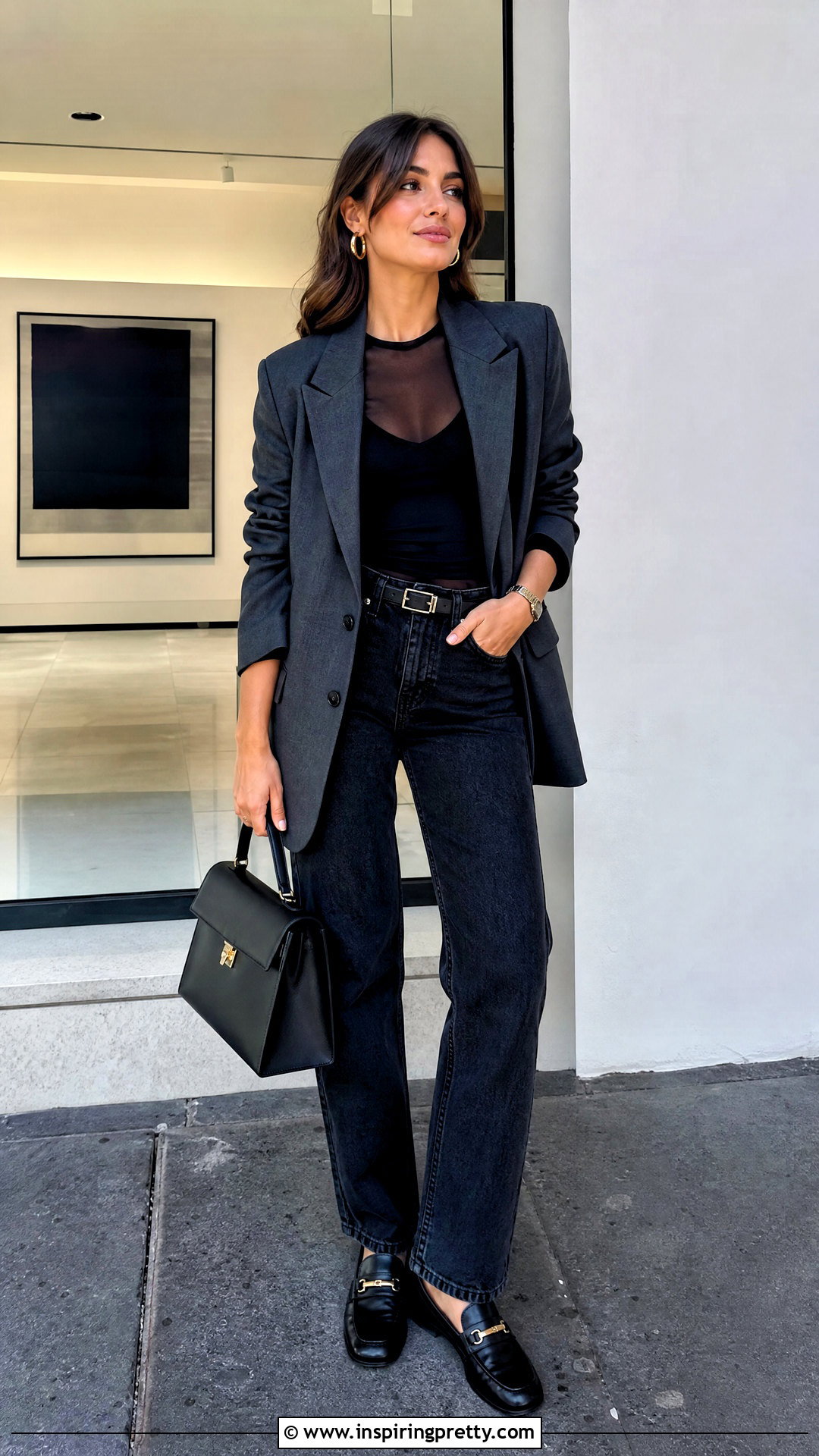 Black Sheer Top With An Oversized Blazer - 20 black sheer top fashion ideas