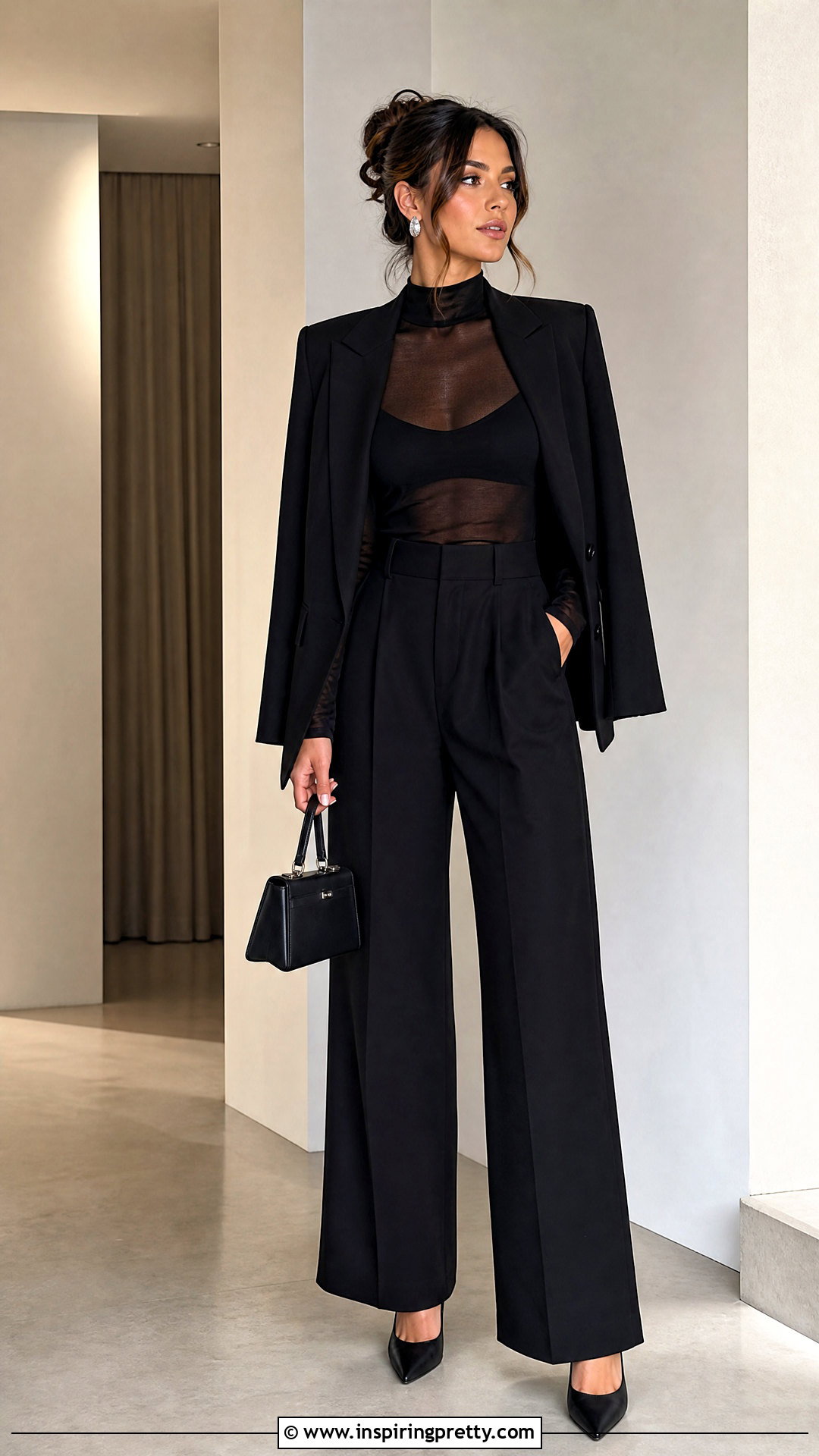 Black Sheer Top With Black Blazer And Wide Leg Pants - 25 Sheer Top With Blazer outfit ideas