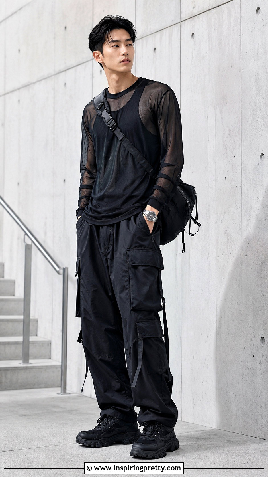 Black Sheer Top With Black Cargo Pants - 25 Black Sheer Top Men outfit ideas