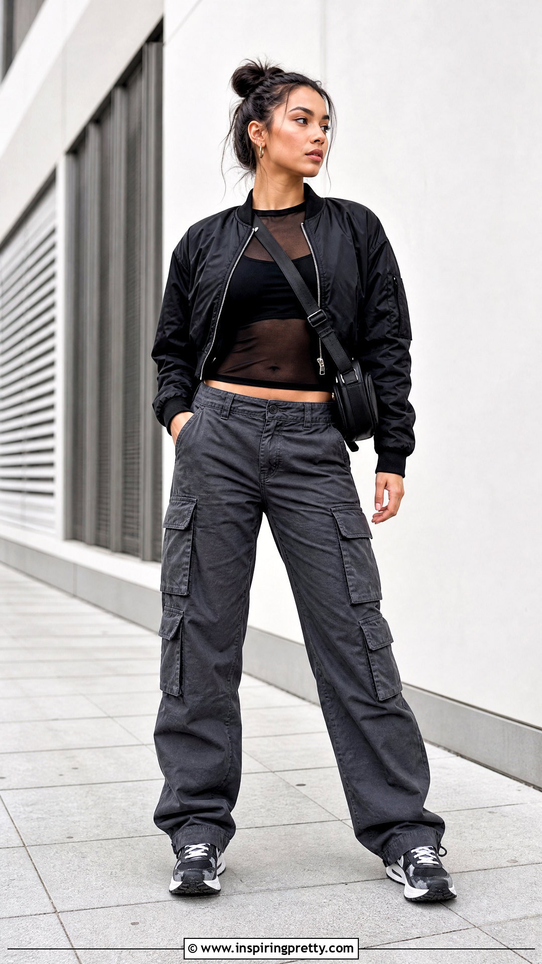 Black Sheer Top With Bomber Jacket - 50 black sheer top outfit ideas