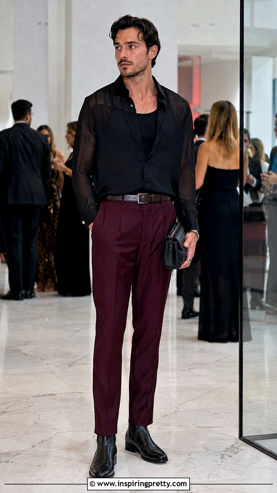 Black Sheer Top With Burgundy Trousers - 25 Black Sheer Top Men outfit ideas