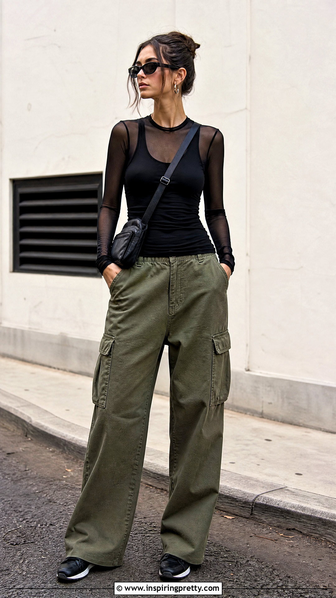 Black Sheer Top With Cargo Pants - 20 Casual Black Sheer Top outfit ideas