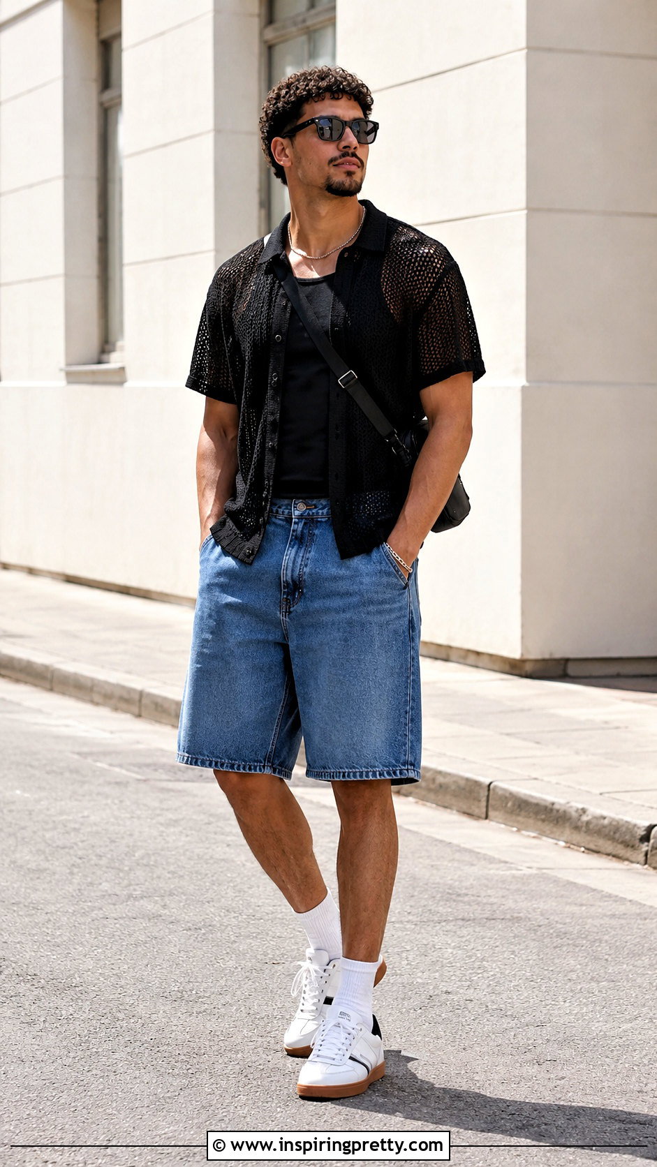 Black Sheer Top With Denim Shorts - 25 Black Sheer Top Men outfit ideas
