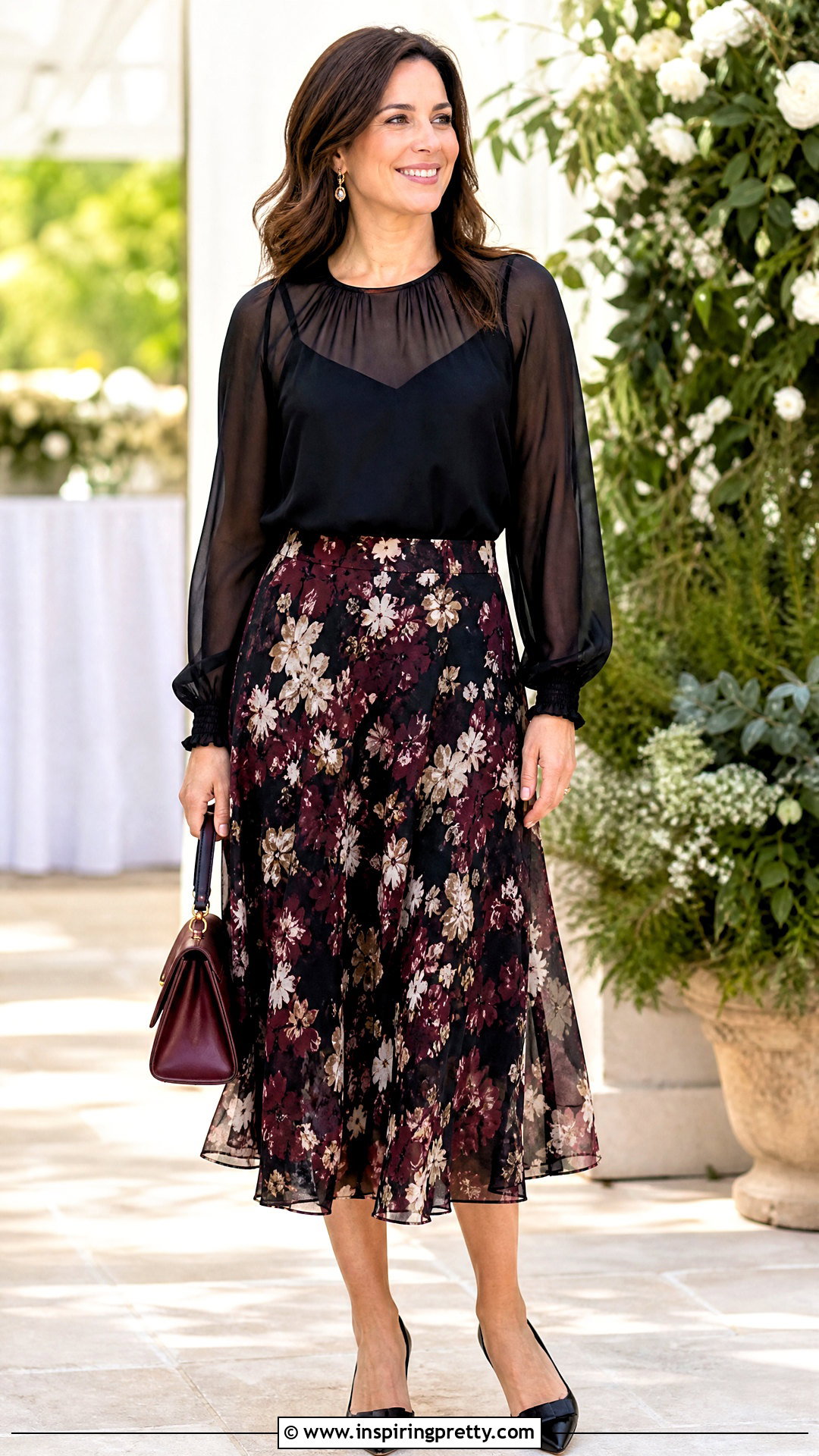 Black Sheer Top With Floral Midi Skirt - 50 black sheer top outfit ideas