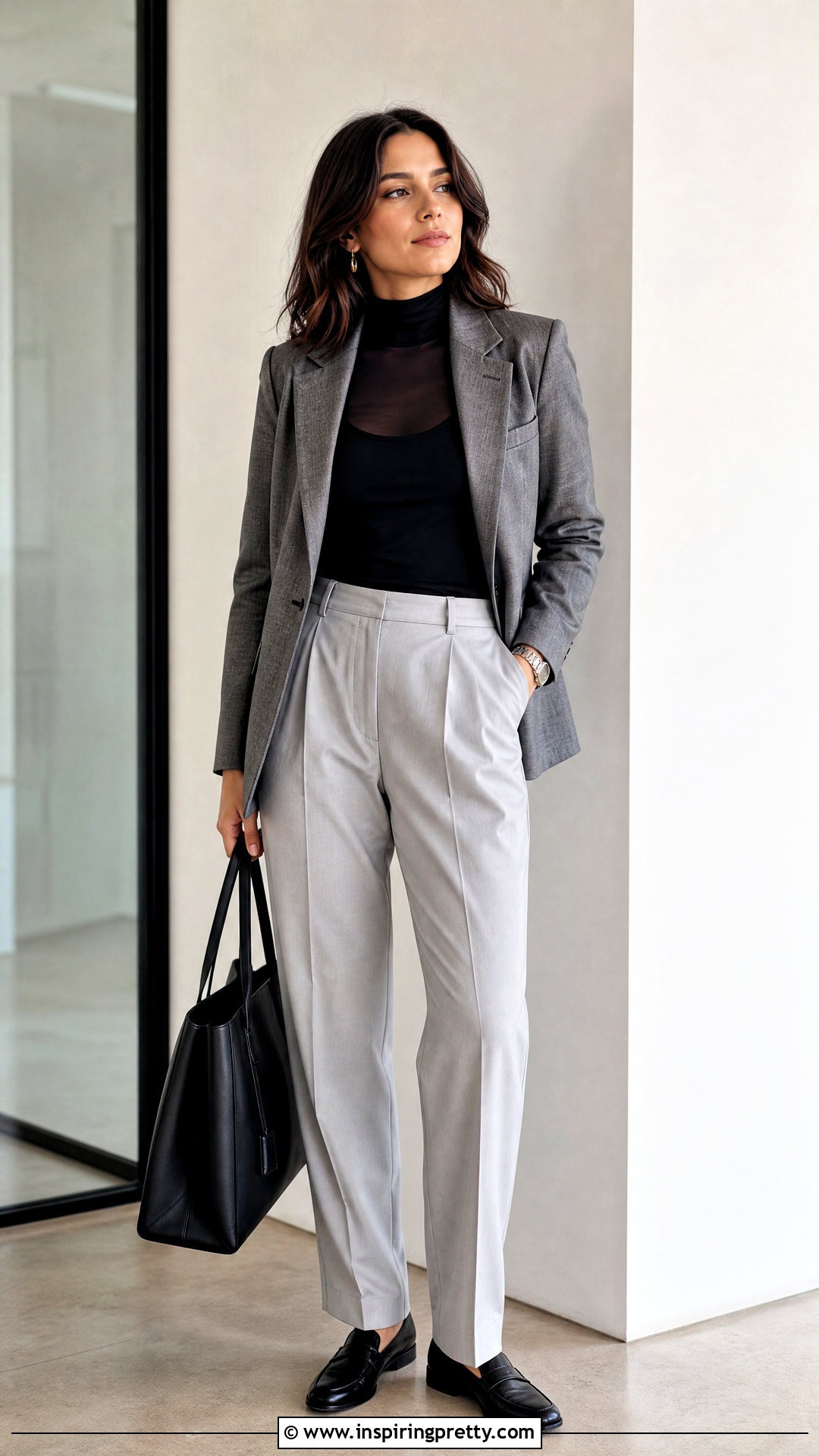 Black Sheer Top With Gray Trousers - 50 black sheer top outfit ideas