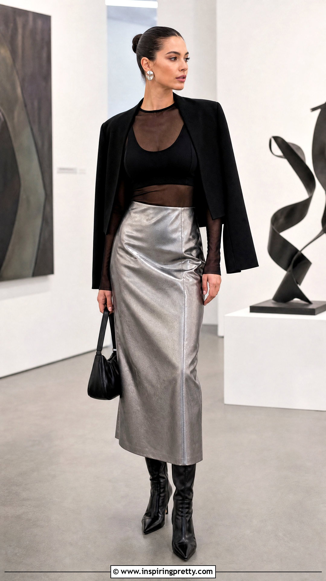 Black Sheer Top With Metallic Skirt - 50 black sheer top outfit ideas