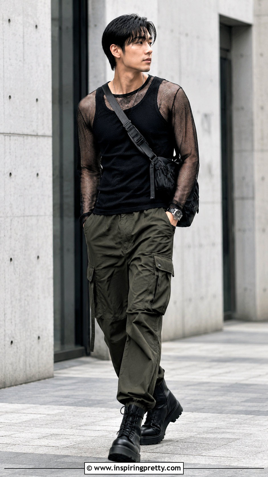 Black Sheer Top With Olive Cargo Pants - 25 Black Sheer Top Men outfit ideas