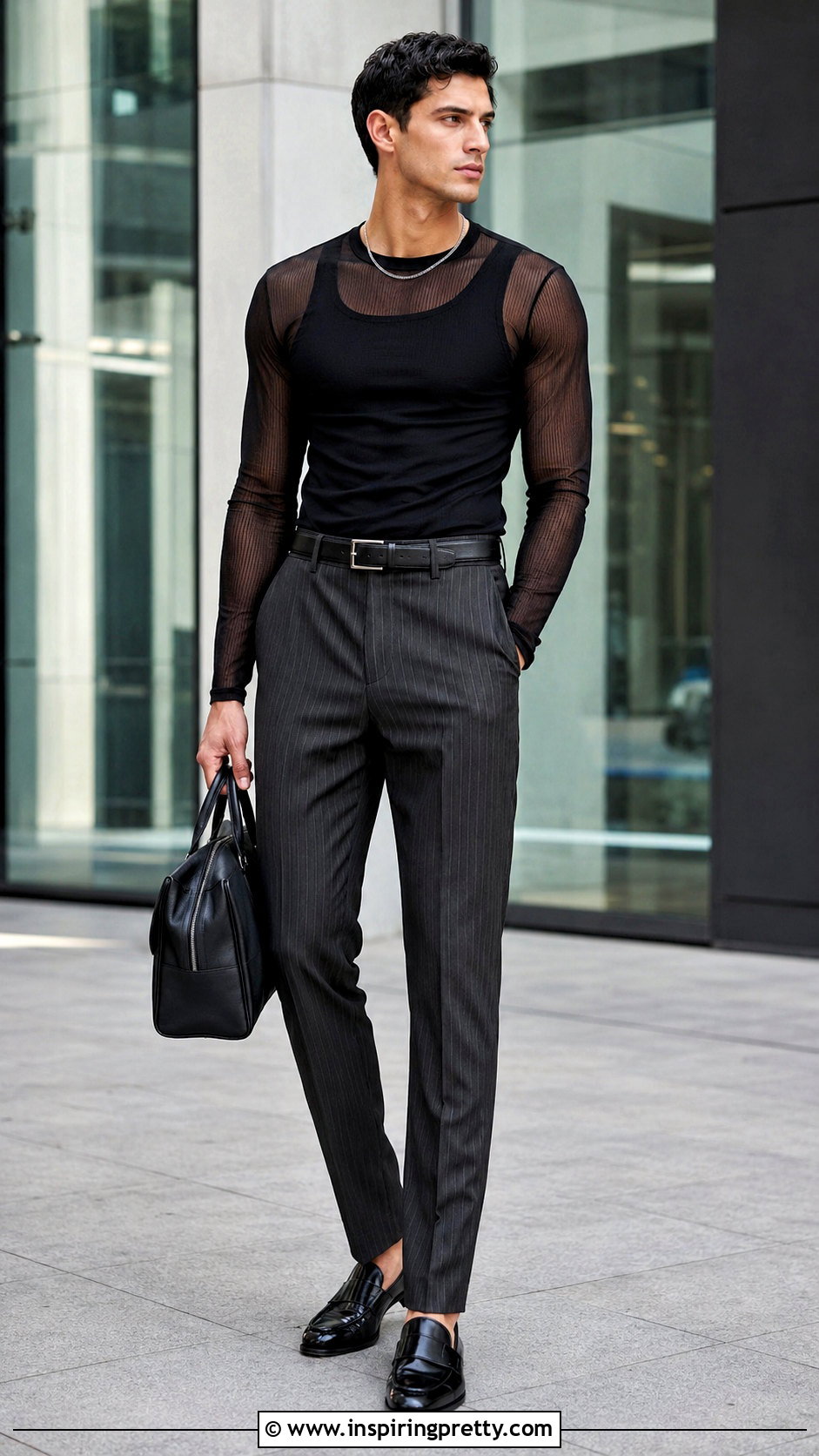 Black Sheer Top With Pinstripe Trousers - 25 Black Sheer Top Men outfit ideas