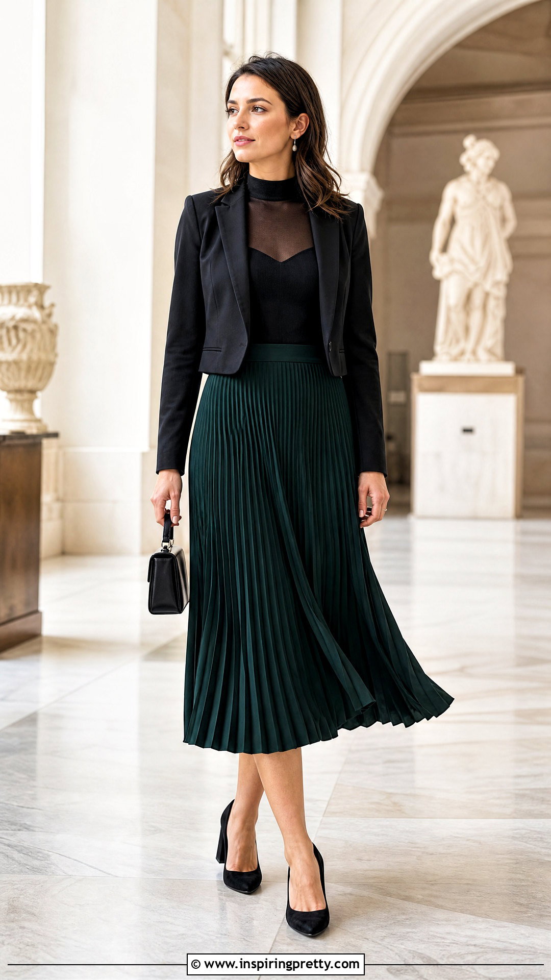 Black Sheer Top With Pleated Midi Skirt - 50 black sheer top outfit ideas