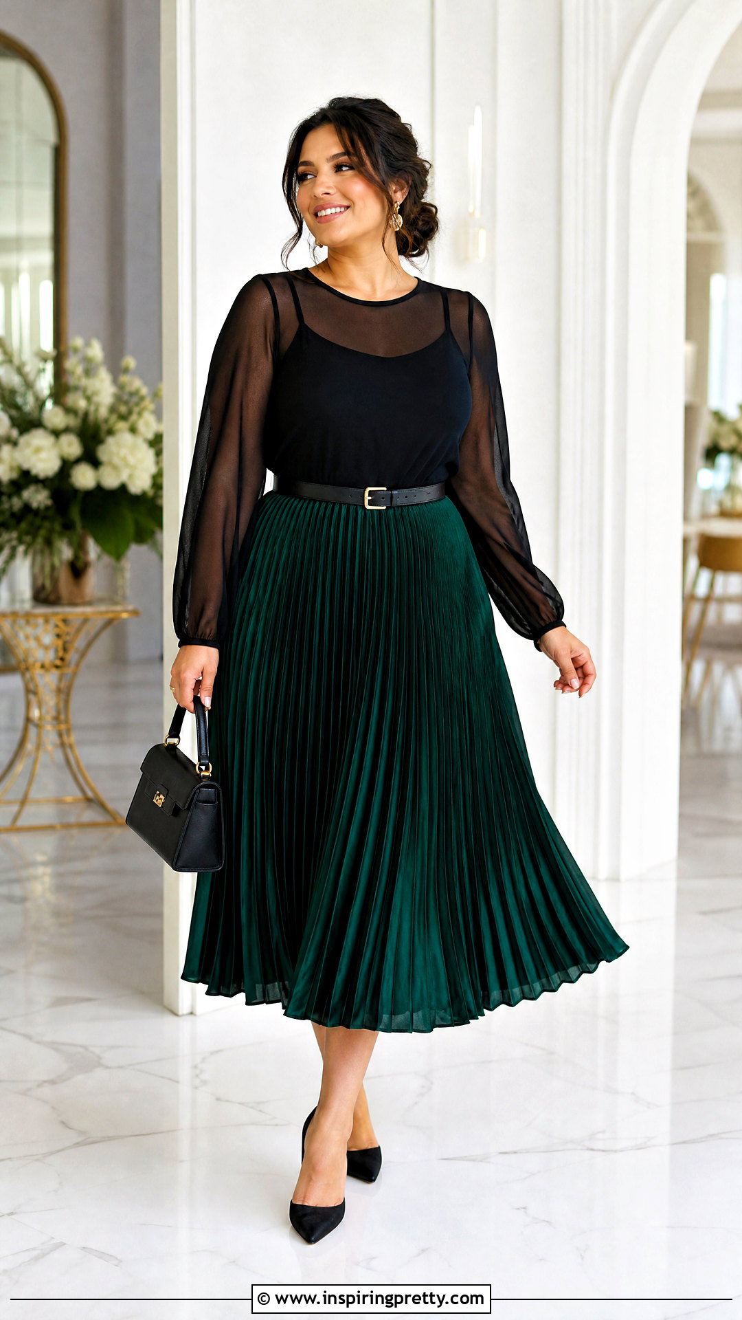 Black Sheer Top With Pleated Midi Skirt - 20 black sheer top fashion ideas