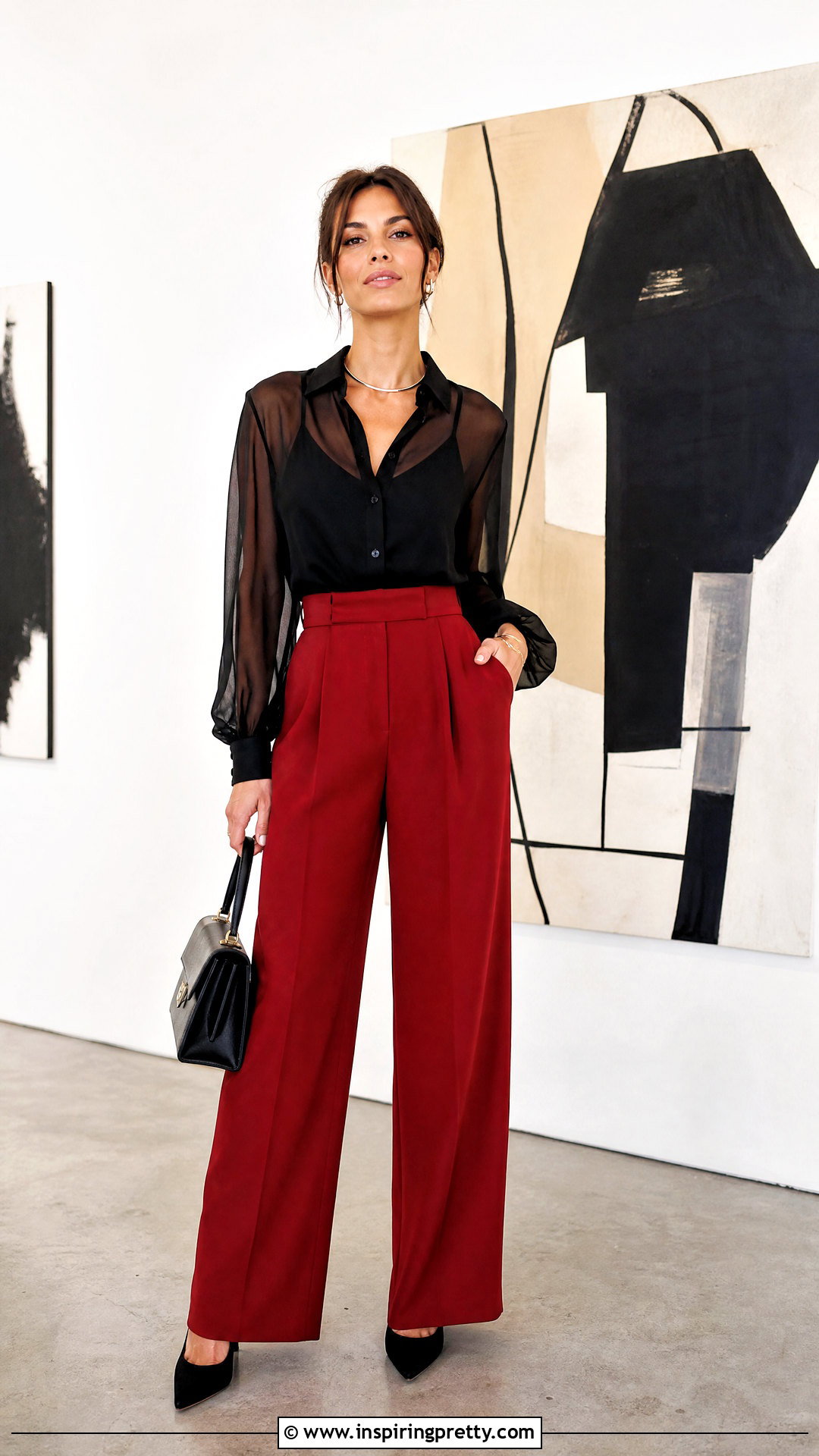 Black Sheer Top With Red Trousers - 20 black sheer top fashion ideas