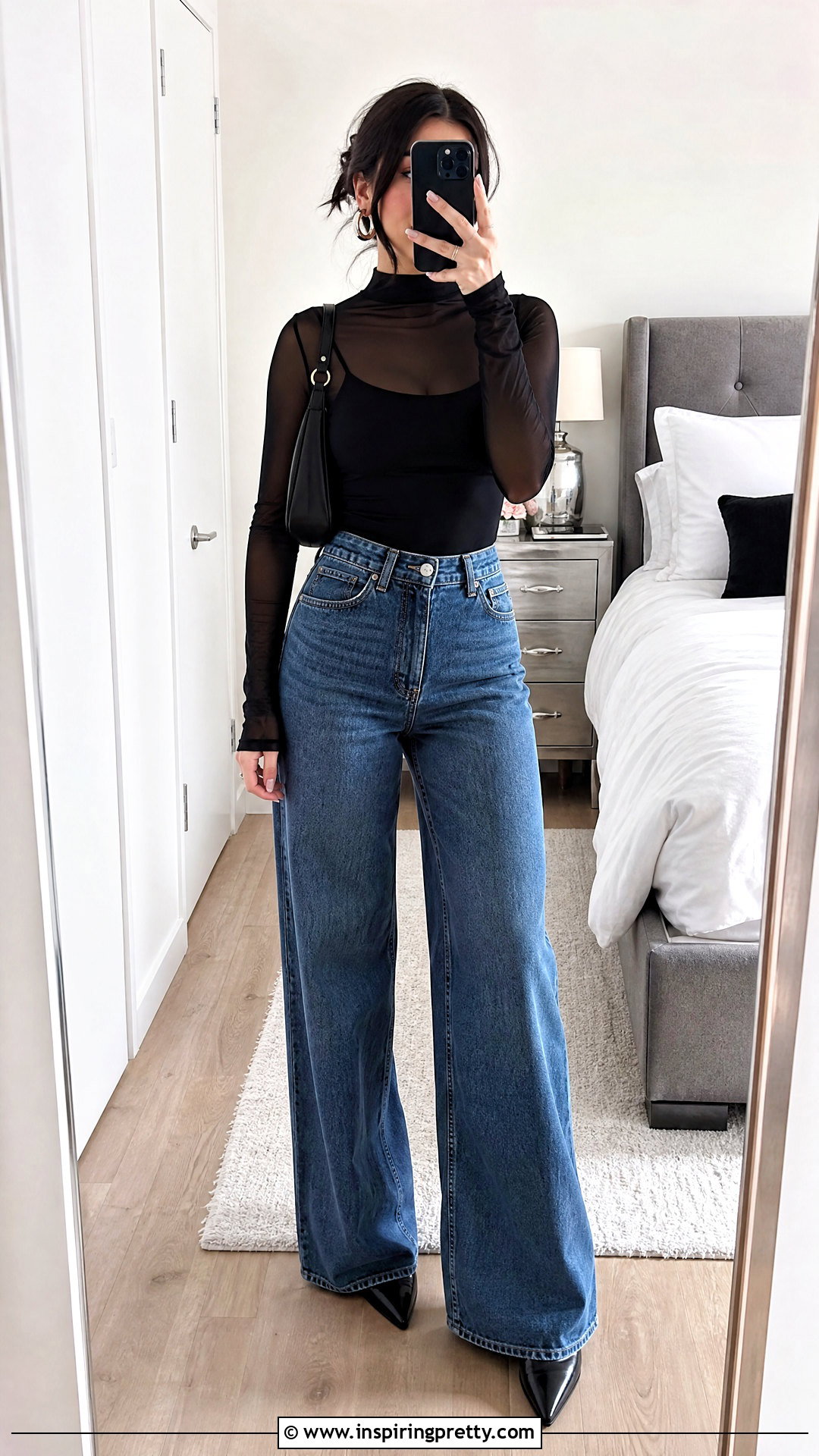 Black Sheer Top With Wide Leg Jeans Selfie - 25 Sheer Top Selfie ideas