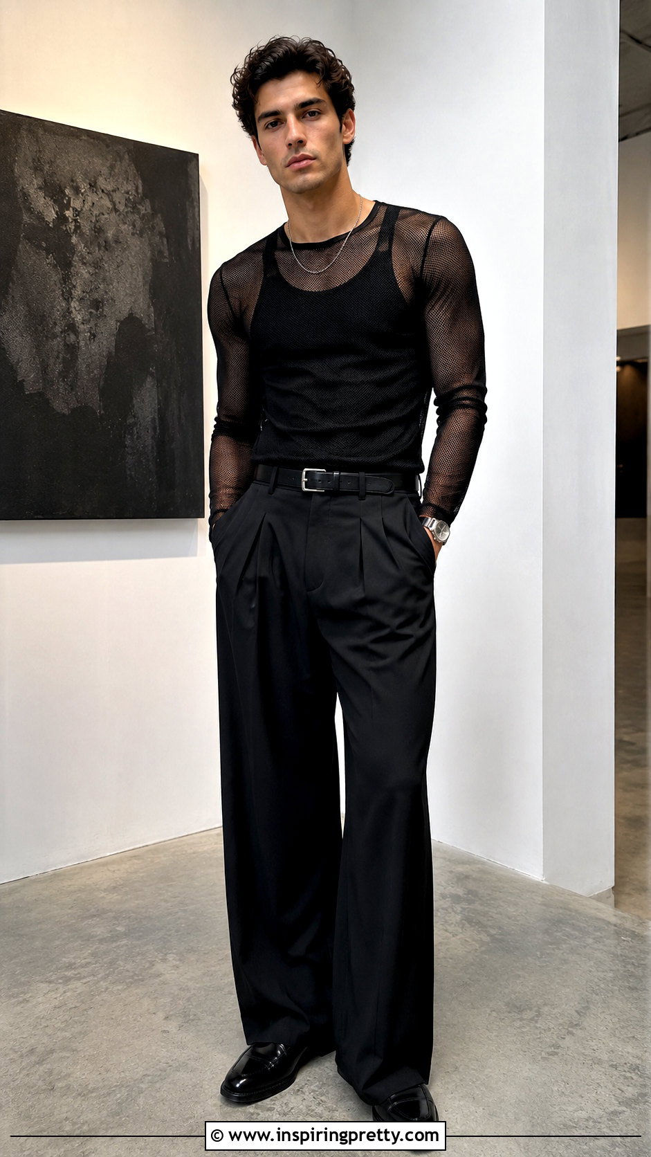 Black Sheer Top With Wide Leg Trousers - 25 Black Sheer Top Men outfit ideas