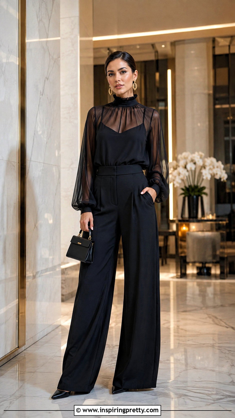 Black Sheer Top With Wide Leg Trousers - 25 elegant sheer top outfit ideas