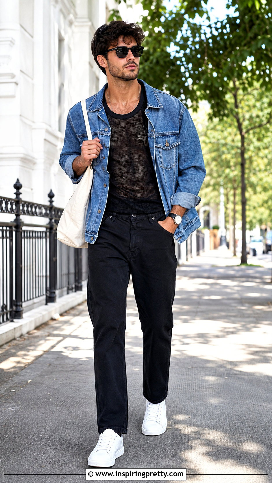 Black Sheer Top With a Denim Jacket - 25 Black Sheer Top Men outfit ideas