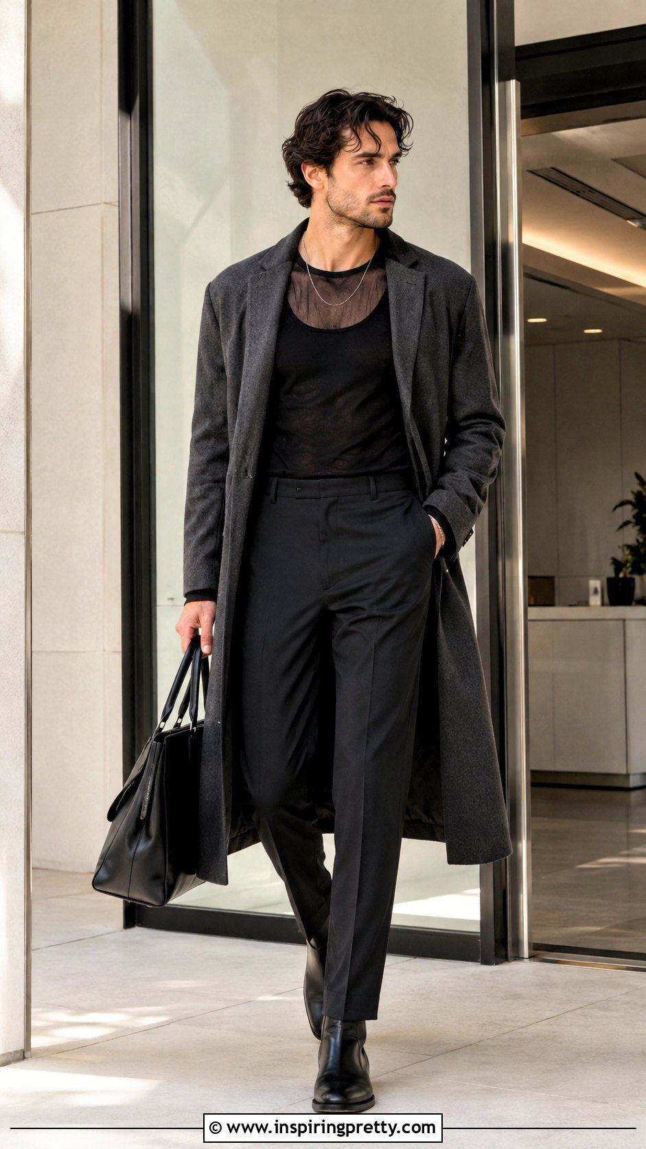Black Sheer Top With a Long Coat - 25 Black Sheer Top Men outfit ideas